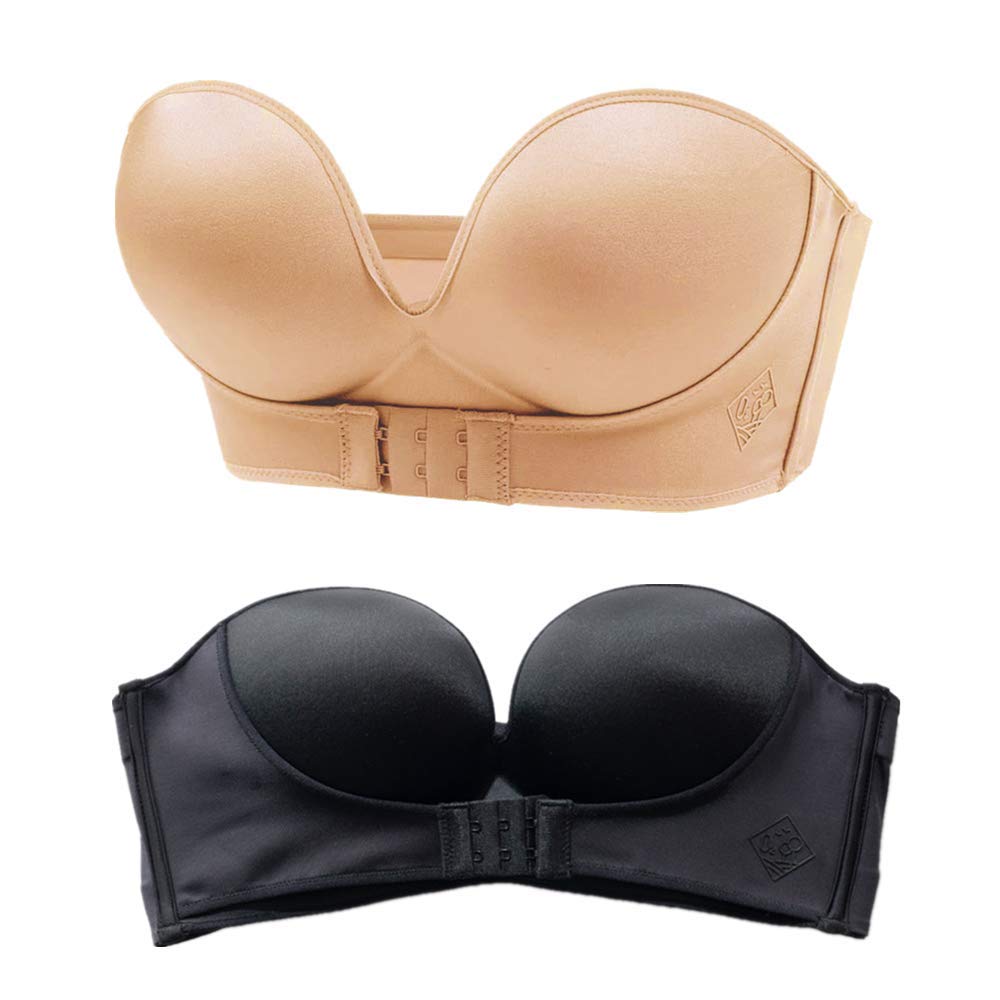 Women's Seamless Strapless Push Up Bra - Invisible Lift Support with Front & Back Buckle - Smooth T-Shirt Bra (Pack of 1 or 2) | Perfect for Wedding Dresses, Evening Gowns & Formal Wear
