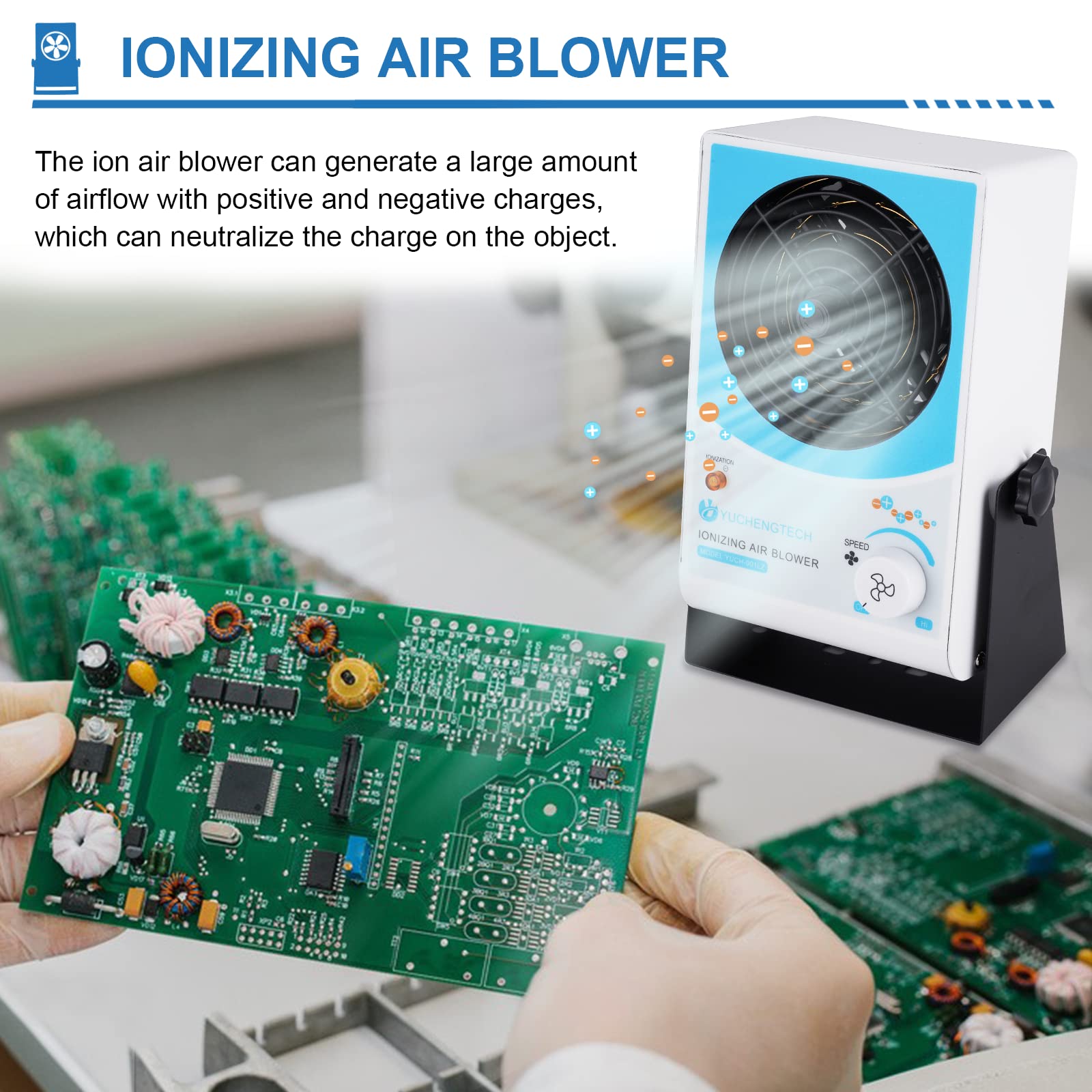 YUCHENGTECH Ionizing Air Blower - Anti Static Ionizer & ESD Static Eliminator Fan for Electronics, 110V-120V Desktop Static Remover - Perfect for PCB Assembly, Printing, and Cleanroom Environments