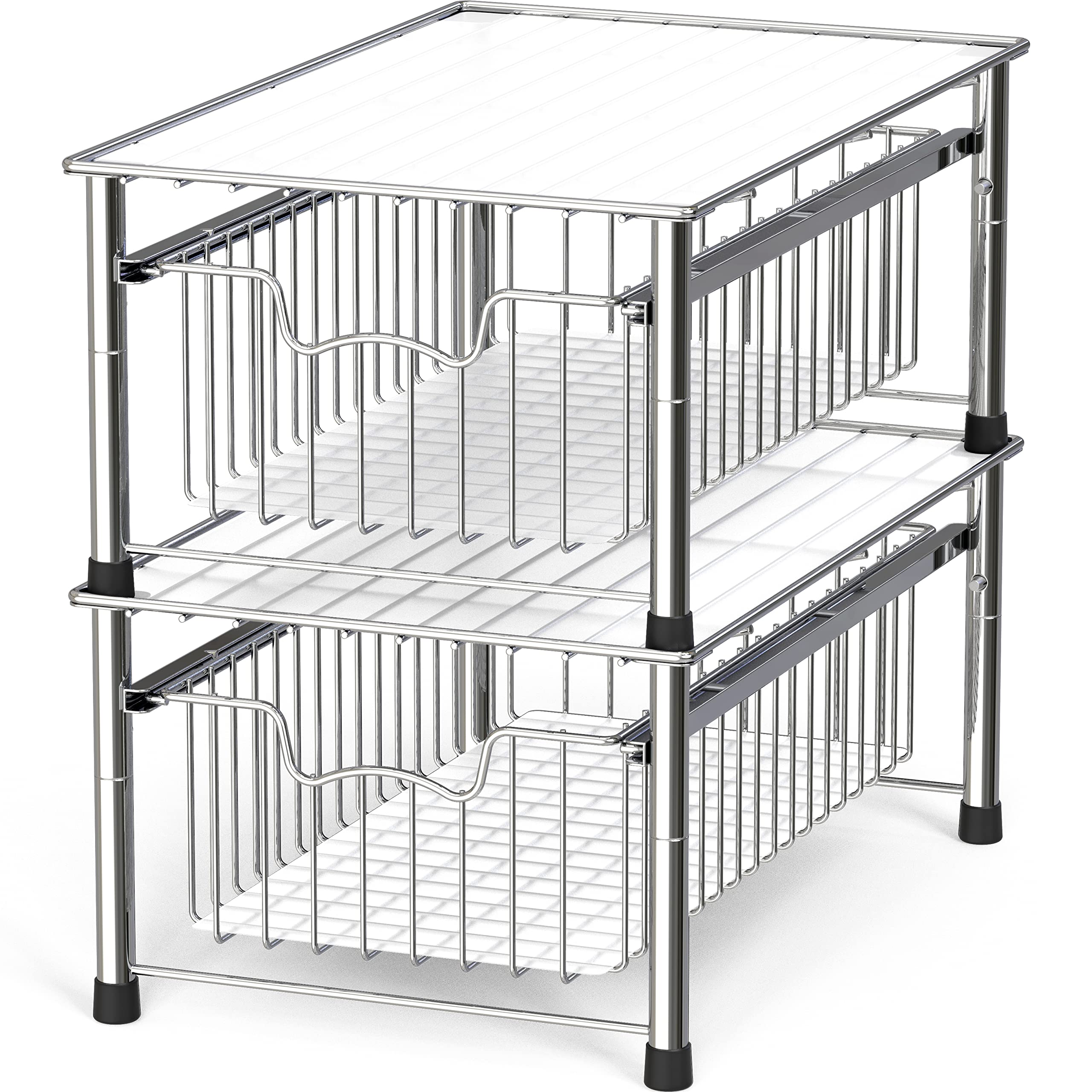Stackable Chrome Wire Basket Drawer for Kitchen, Bathroom & Office Organization - Simple Houseware Storage Solution for Cabinets, Shelves & Closets
