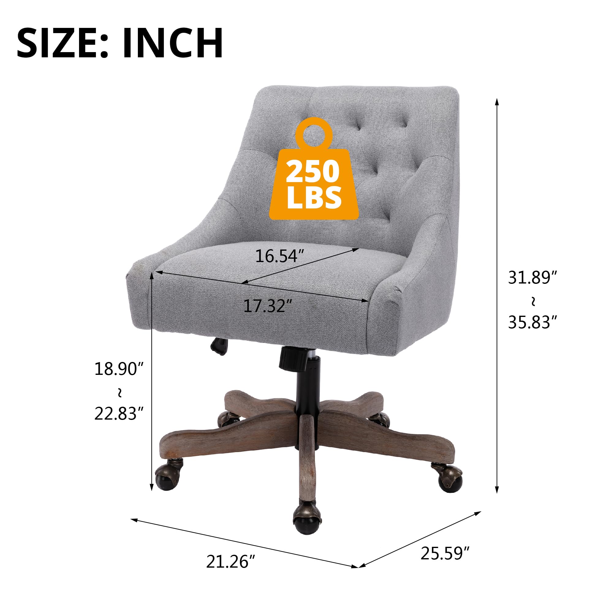 Ergonomic Home Office Chair - Adjustable Upholstered Computer Desk Chair with 360° Swivel Base & Lumbar Support - Comfortable Task Chair for Office, Study Room or Living Room - Perfect for Remote Work, Gaming & Long Hours Sitting (Grey)