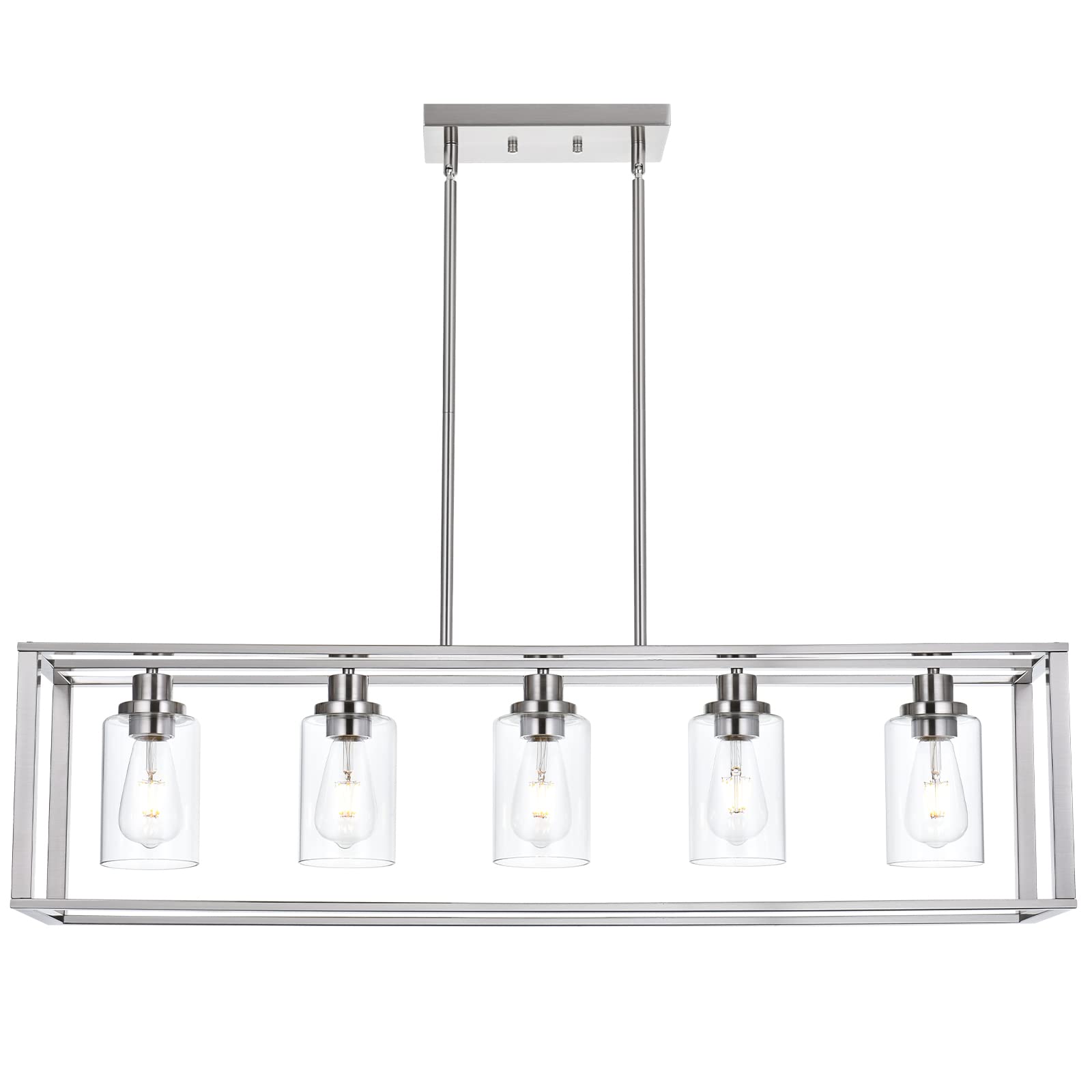 VINLUZ 5-Light Modern Industrial Chandelier - Brushed Nickel Finish with Clear Glass Shade - Classic Pendant Island Lighting Fixture for Dining Room, Living Room & Bedroom - Perfect for Farmhouse, Loft and Contemporary Home Decor