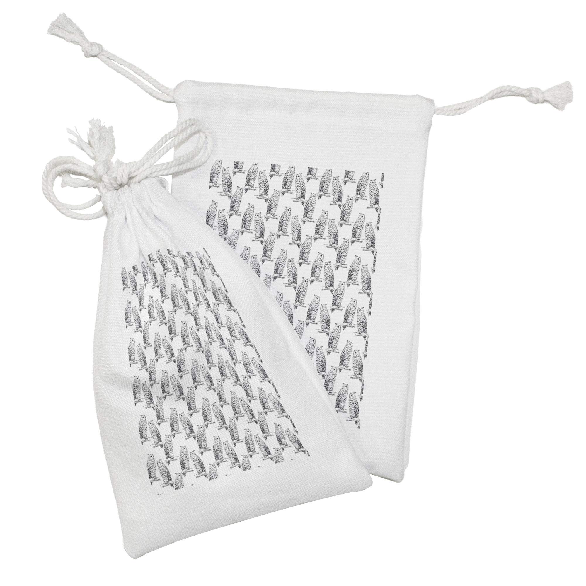 Ambesonne Owl Lover Fabric Pouch Set of 2 - Monochrome Sketch Owl on Branch Print Drawstring Bags (9