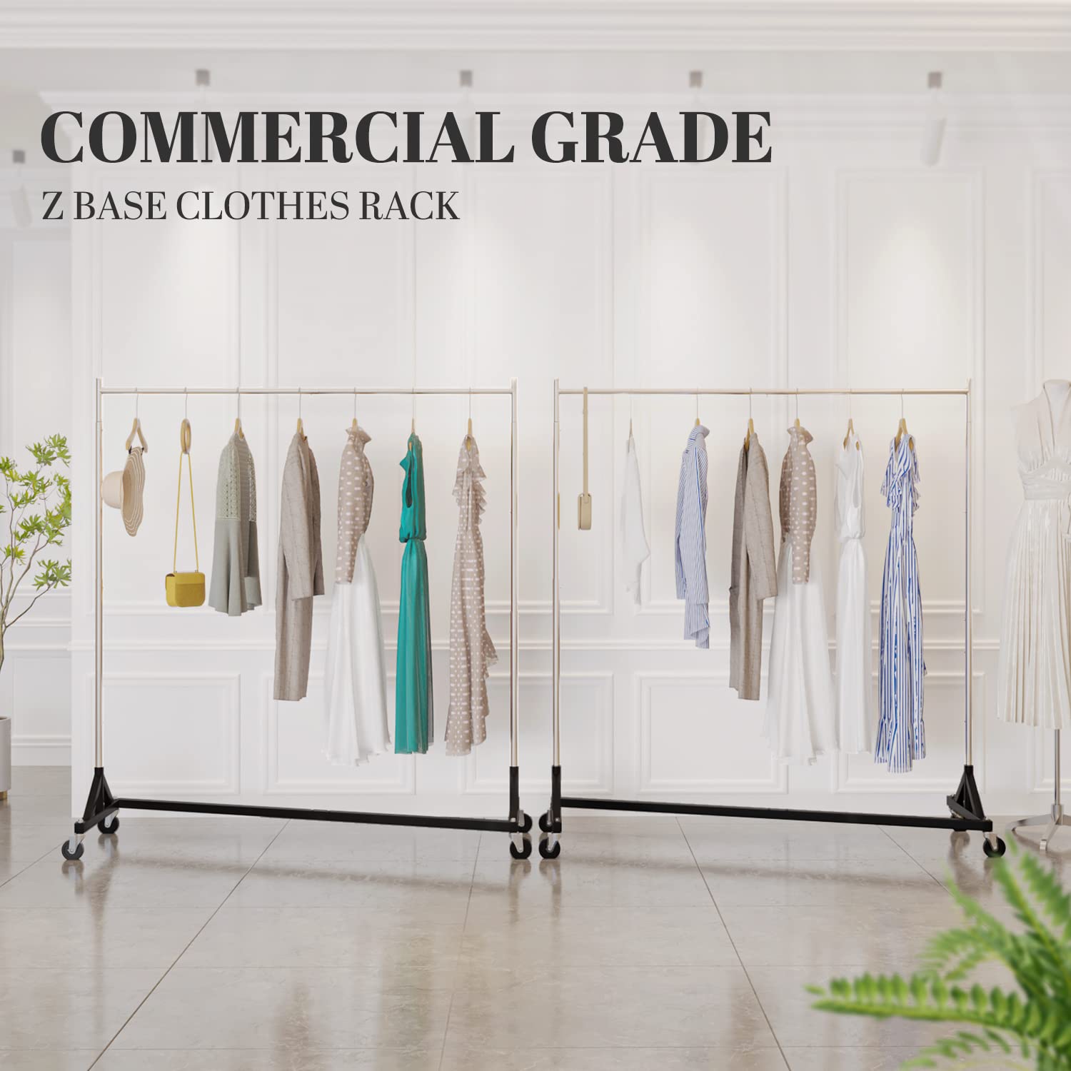 Heavy Duty Commercial Z Base Garment Rack - Adjustable Rolling Clothes Rack with Wheels, Holds 400 lbs, Chrome Finish - Perfect for Retail Stores, Boutiques, and Clothing Displays