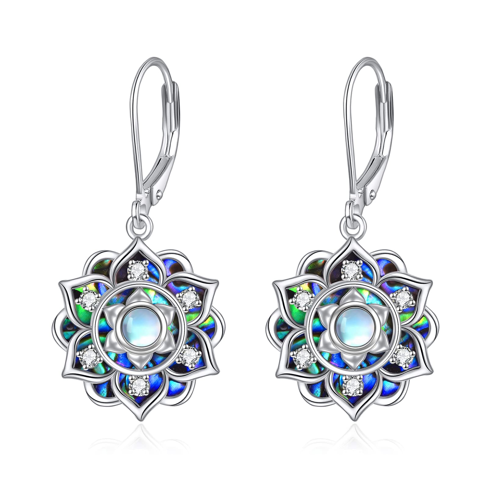Moonstone Lotus Earrings - Sterling Silver Abalone Shell Lotus Flower Dangle Drop Earrings for Women | Yoga Jewelry, Mother's Day Gift for Mom | Perfect for Meditation, Boho Fashion & Special Occasions