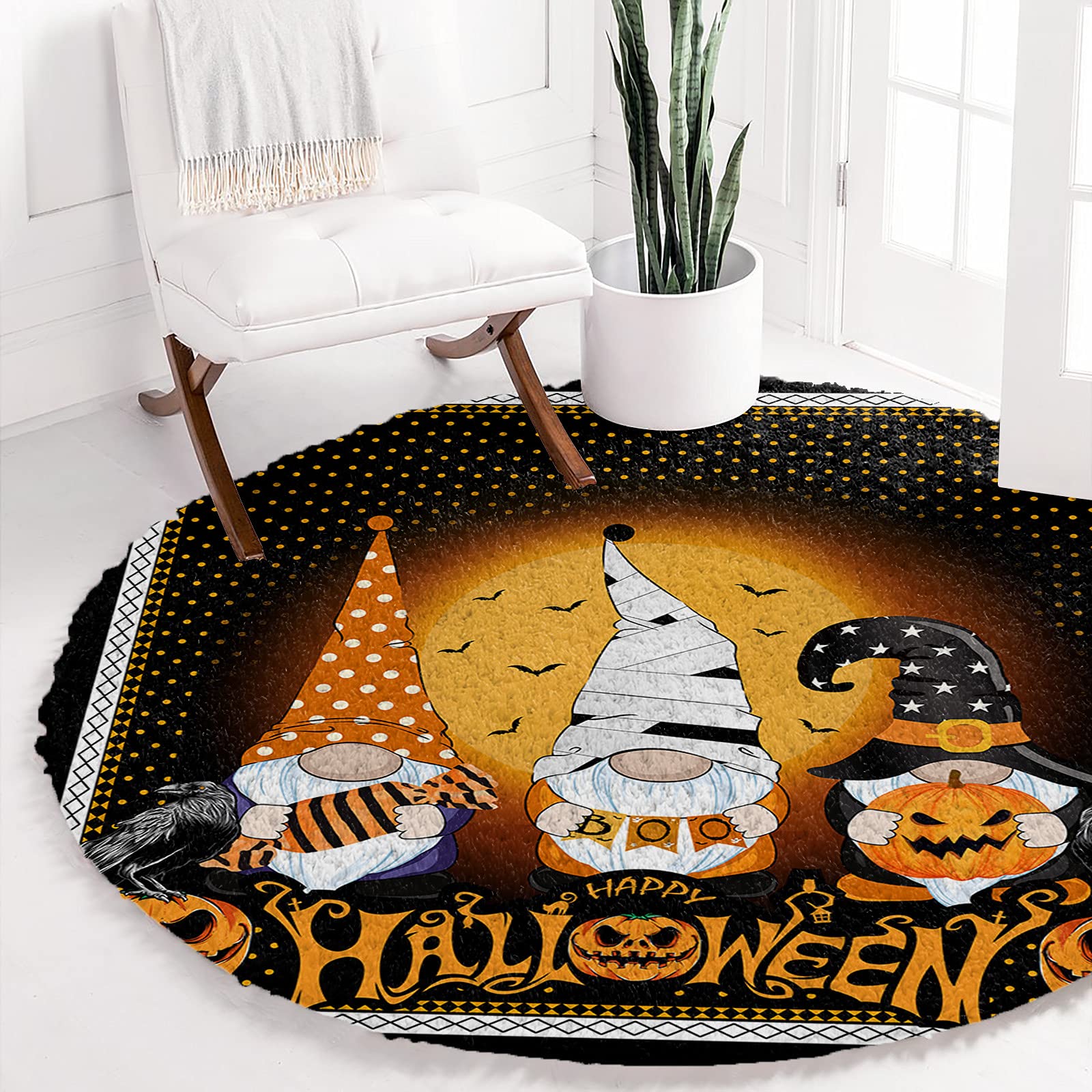 Happy Halloween Round Area Rug - Soft Fluffy Shaggy Carpet with Gnomes, Full Moon & Orange Dots on Black Lattice | Non-Slip Throw Rug for Living Room, Bedroom, Nursery Floor Decor | 48 Inch Halloween Door Mat for Home, Party & Seasonal Decoration