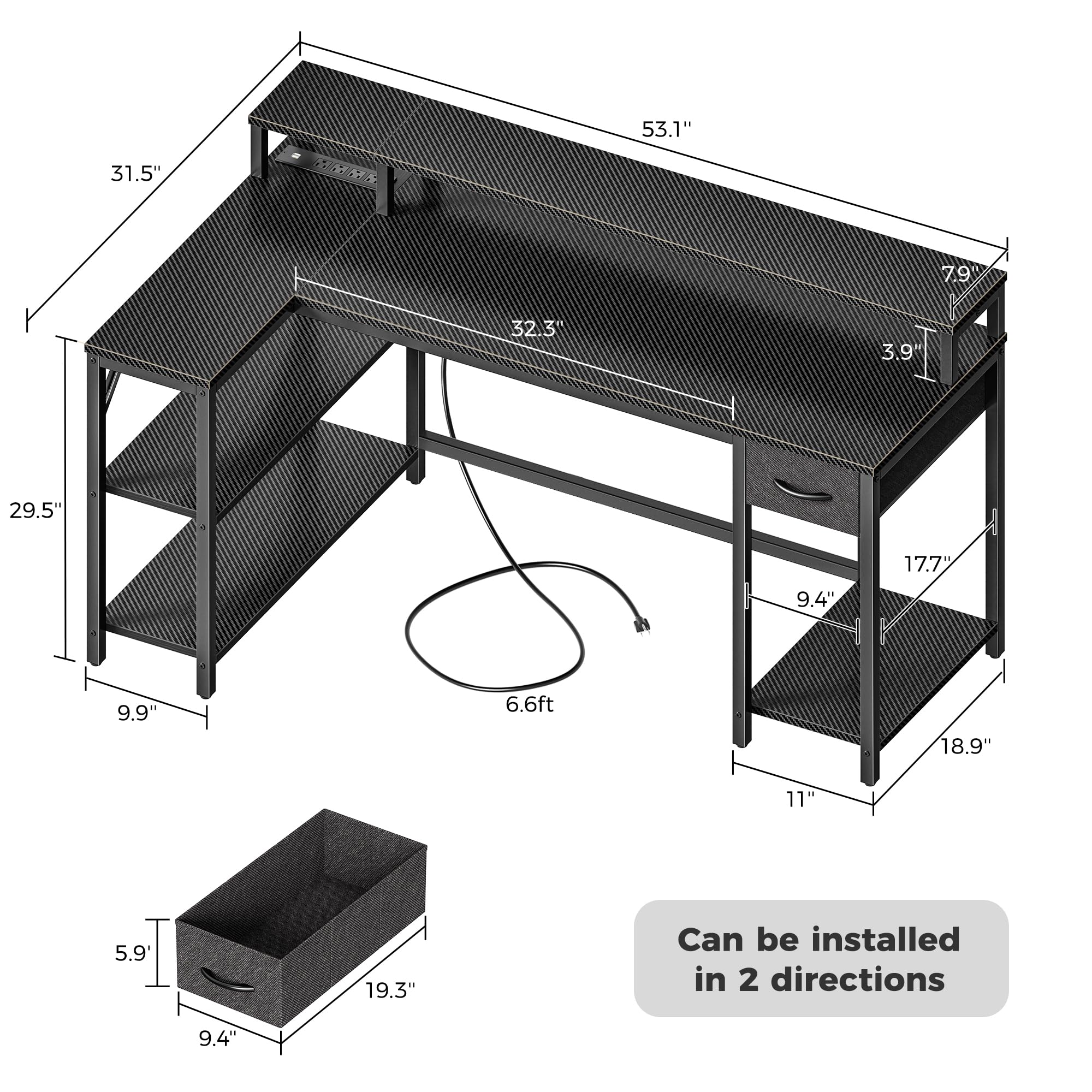 SUPERJARE 53 inch Reversible L-Shaped Desk with LED Lights & Power Outlets - Home Office Computer Desk with Shelves, Monitor Stand & Drawer - Gaming Desk for Small Spaces - Carbon Fiber Black Corner Workstation for PC Setup & Remote Work