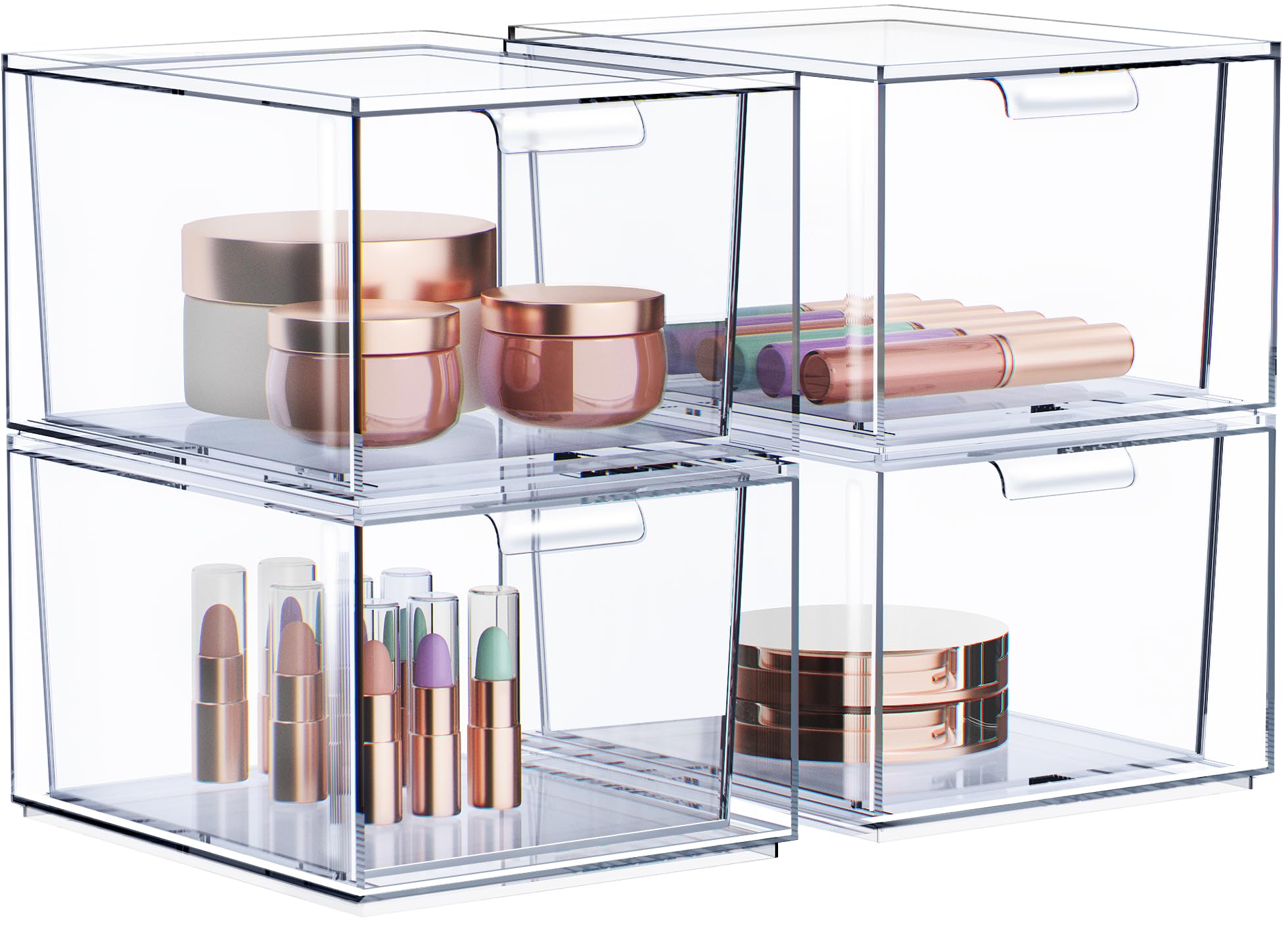 Clear Stackable Storage Drawers 4-Pack - Acrylic Organizer for Vanity, Bathroom & Kitchen | Home Organization Solution