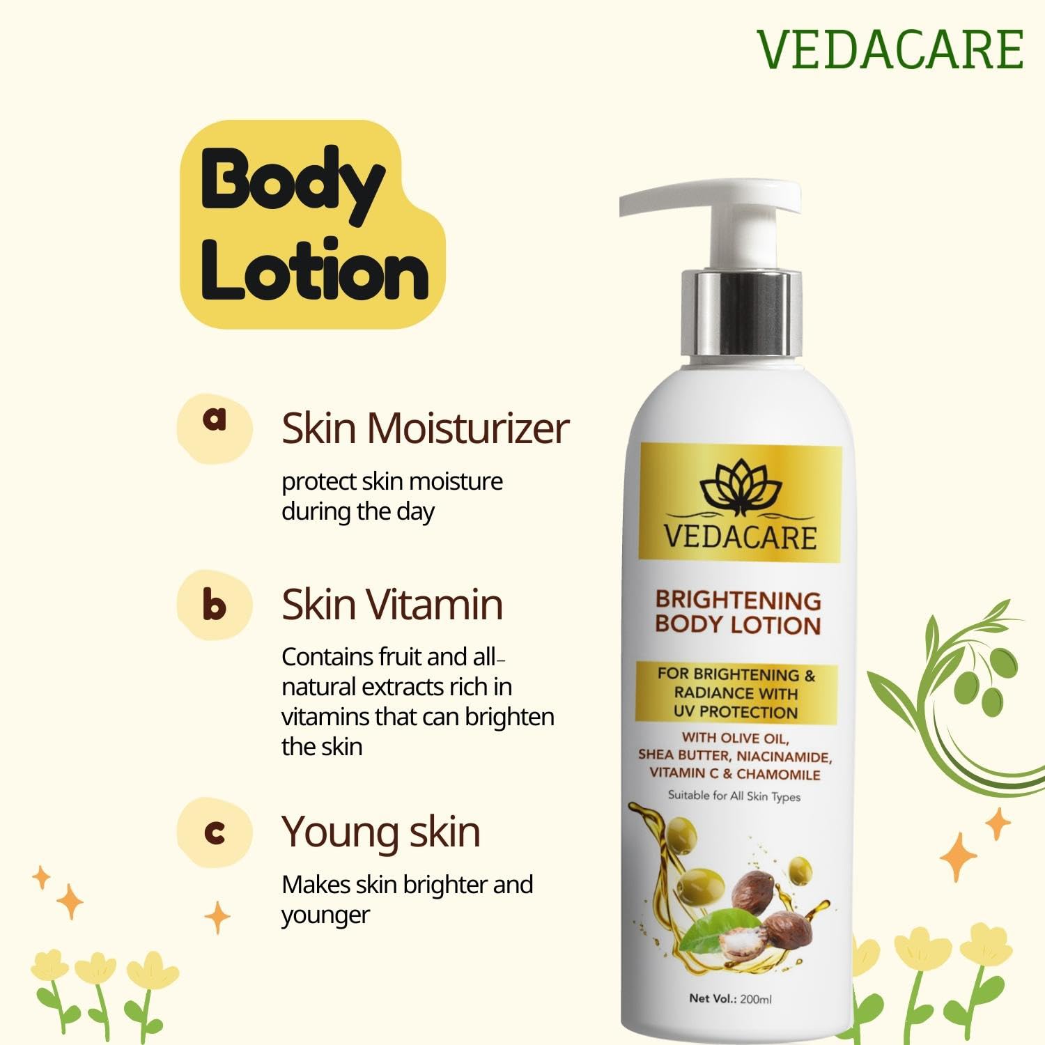 Vedacare Brightening Body Lotion 200ml with Niacinamide, Olive Oil, Shea Butter & Vitamin C - Skin Lightening, Moisturizing & Sun Protection for Hyperpigmentation - Perfect for Daily Use, After Sun Care & Evening Skincare Routine