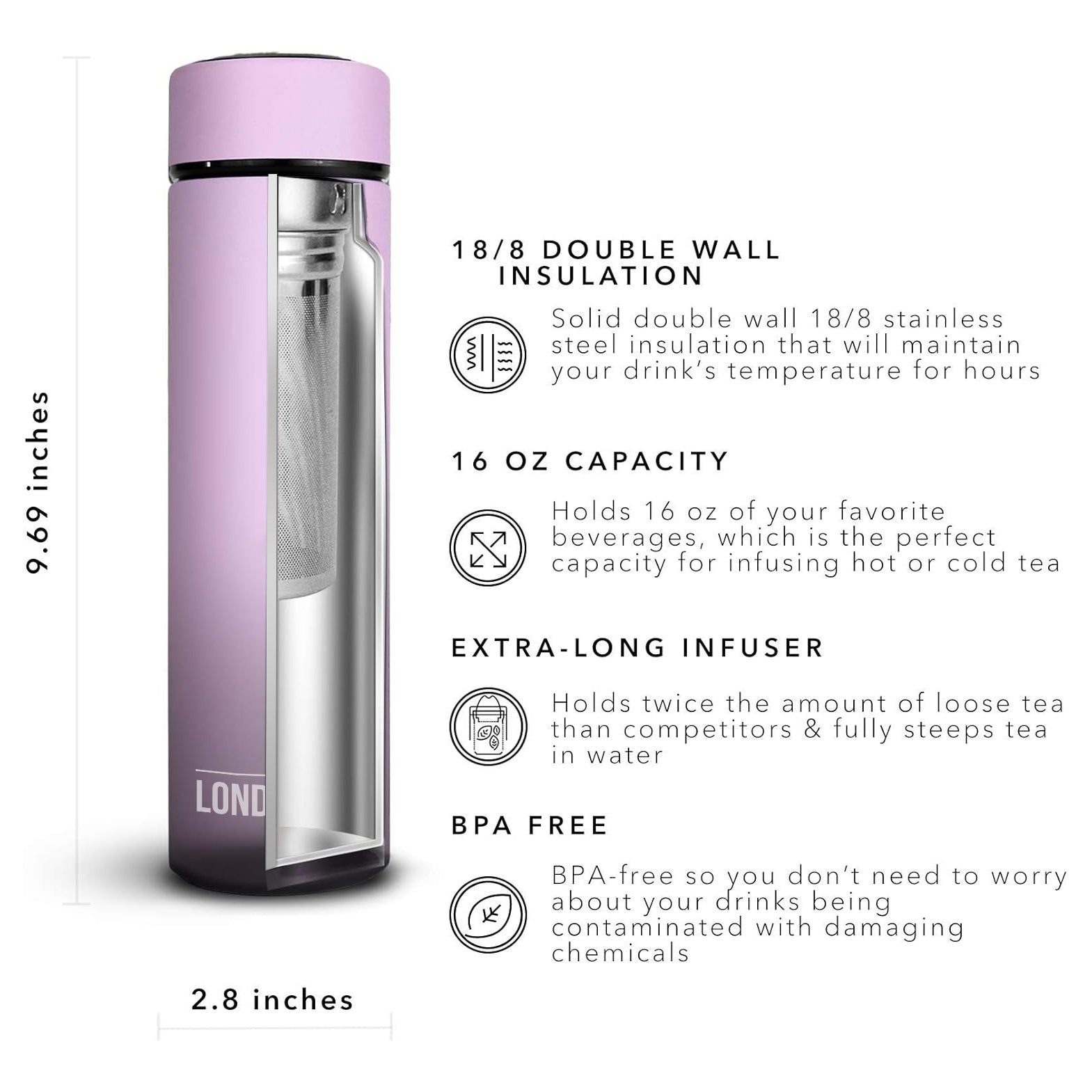 16oz Tea Infuser Bottle - Leak-Proof & BPA-Free for Hot/Cold Brewing - Perfect for Iced Tea, Loose Leaf Tea & Herbal Tea on the Go