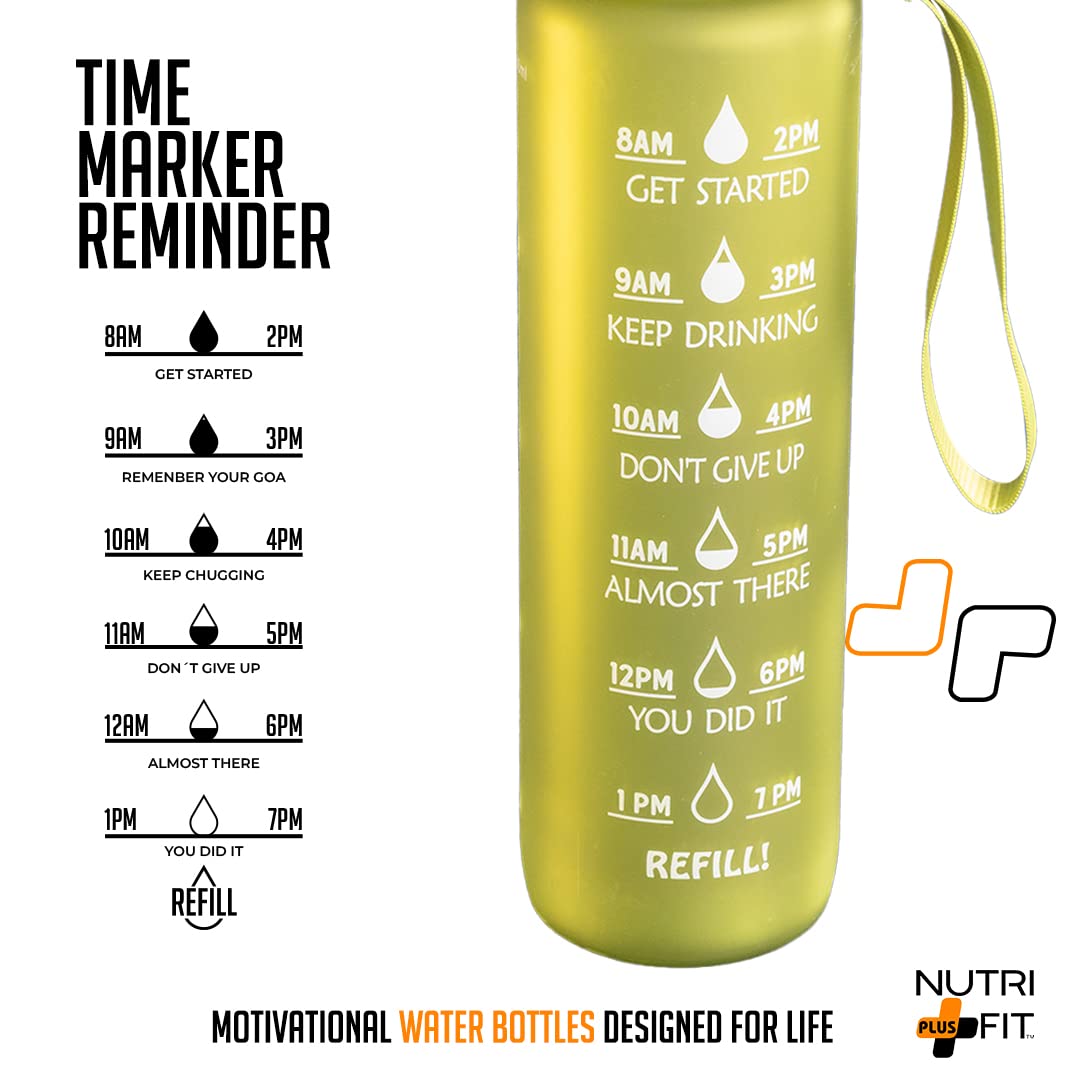 Nutrifit Green 32oz Motivational Water Bottle with Time Markings - BPA Free Leak Proof Sports Bottle for Gym, Workouts & Daily Hydration Goals