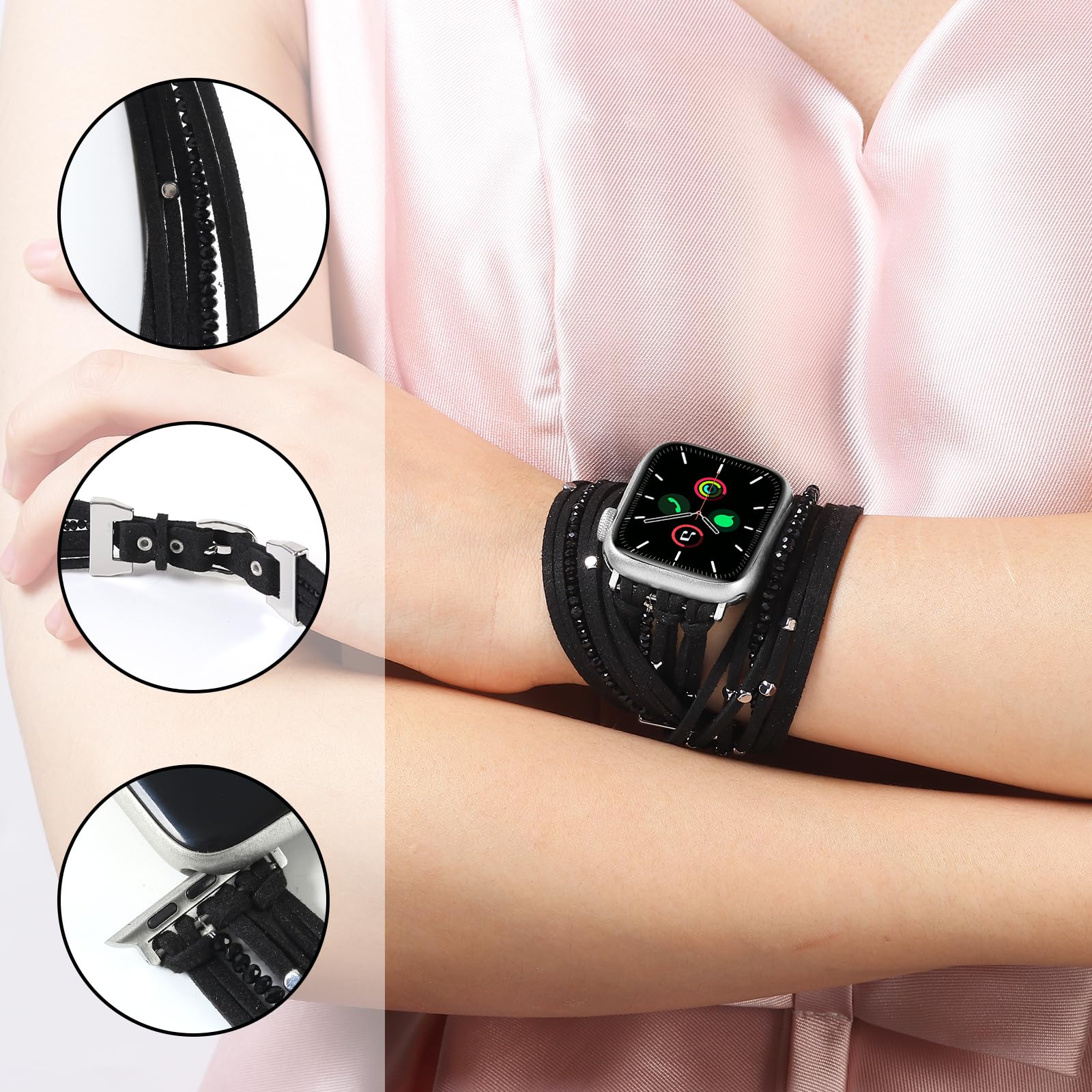 Stylish Multilayer Suede Wrap Strap for Apple Watch 38mm/40mm/41mm/42mm/44mm/45mm/49mm - Boho Leather Bracelet with Beaded Accents for Women, Compatible with iWatch Series SE 9/8/7/6/5/4/3/2 - Perfect for Office, Casual Wear & Special Occasions