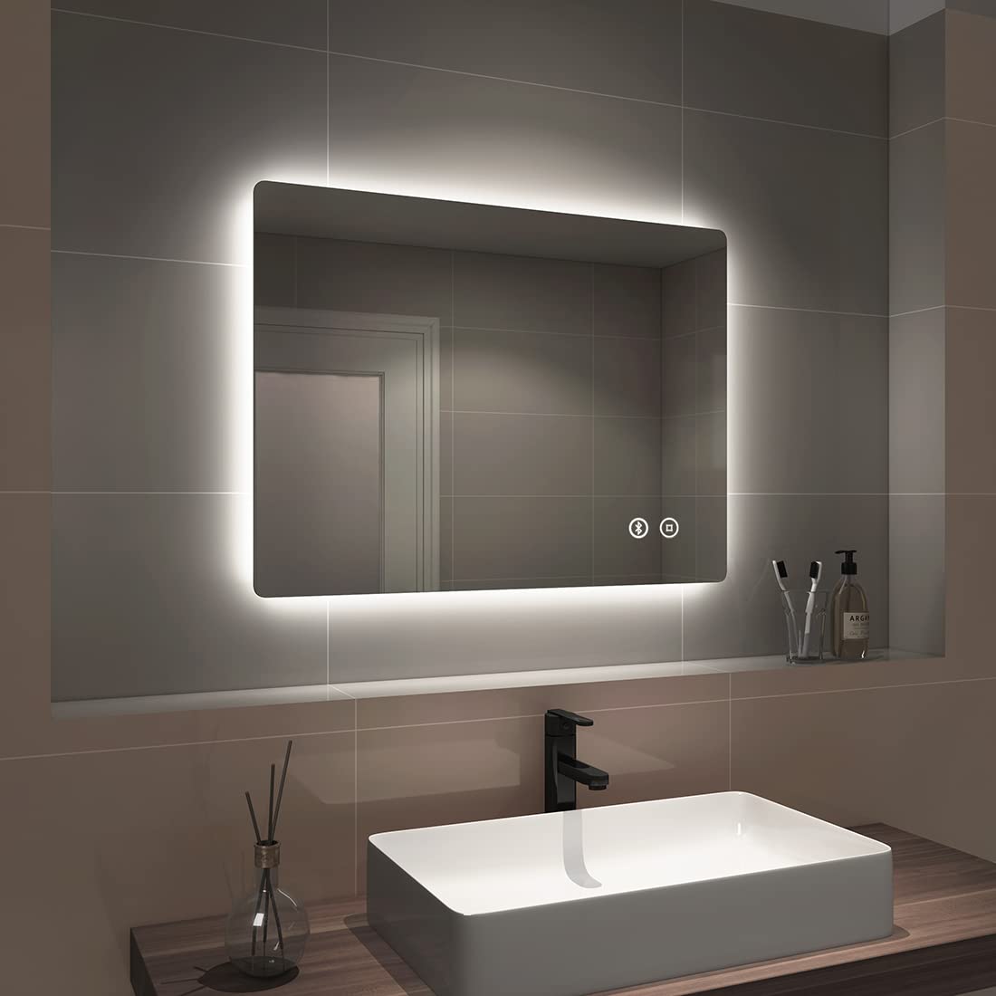 EMKE 800x600mm Bluetooth Bathroom Mirror with Shaver Socket & LED Backlight - Anti-Fog Demister Pad, Touch Control Vanity Mirror for Makeup & Shaving | Perfect for Modern Bathrooms, Luxury Hotels & Spa Decor