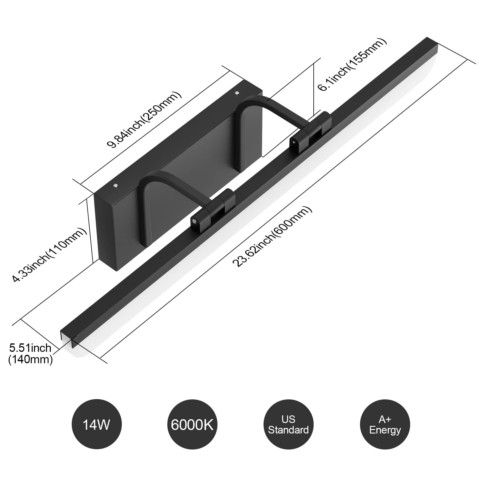 Tipace 24 Inch Modern LED Black Bathroom Vanity Light - Adjustable Rotatable Mirror Lighting Fixture, Cool White 6000K - Perfect for Bathroom Makeup, Shaving & Grooming Areas