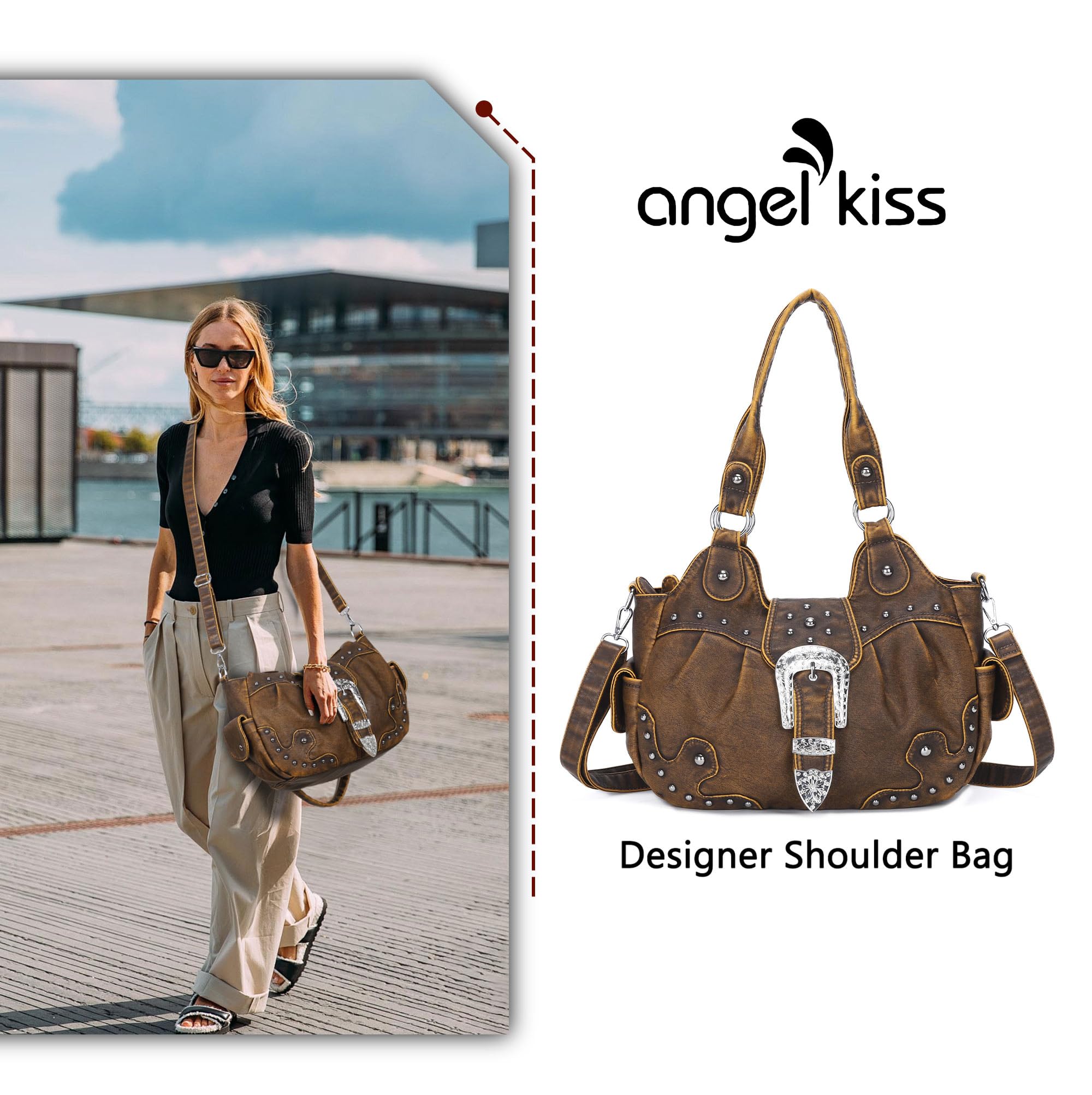 Angel Kiss Vegan Leather Hobo Bags for Women - Stylish Shoulder & Crossbody Purse with Metal Studs | Perfect for Work, Travel & Everyday Use
