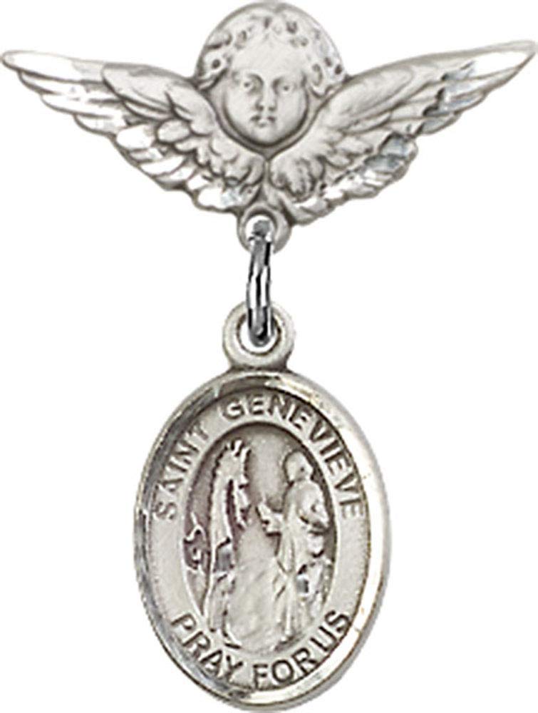 Sterling Silver Baby Badge with St. Genevieve Charm & Angel Wing Pin - Handmade in USA | Religious Jewelry for Christening, Baptism & First Communion Gifts
