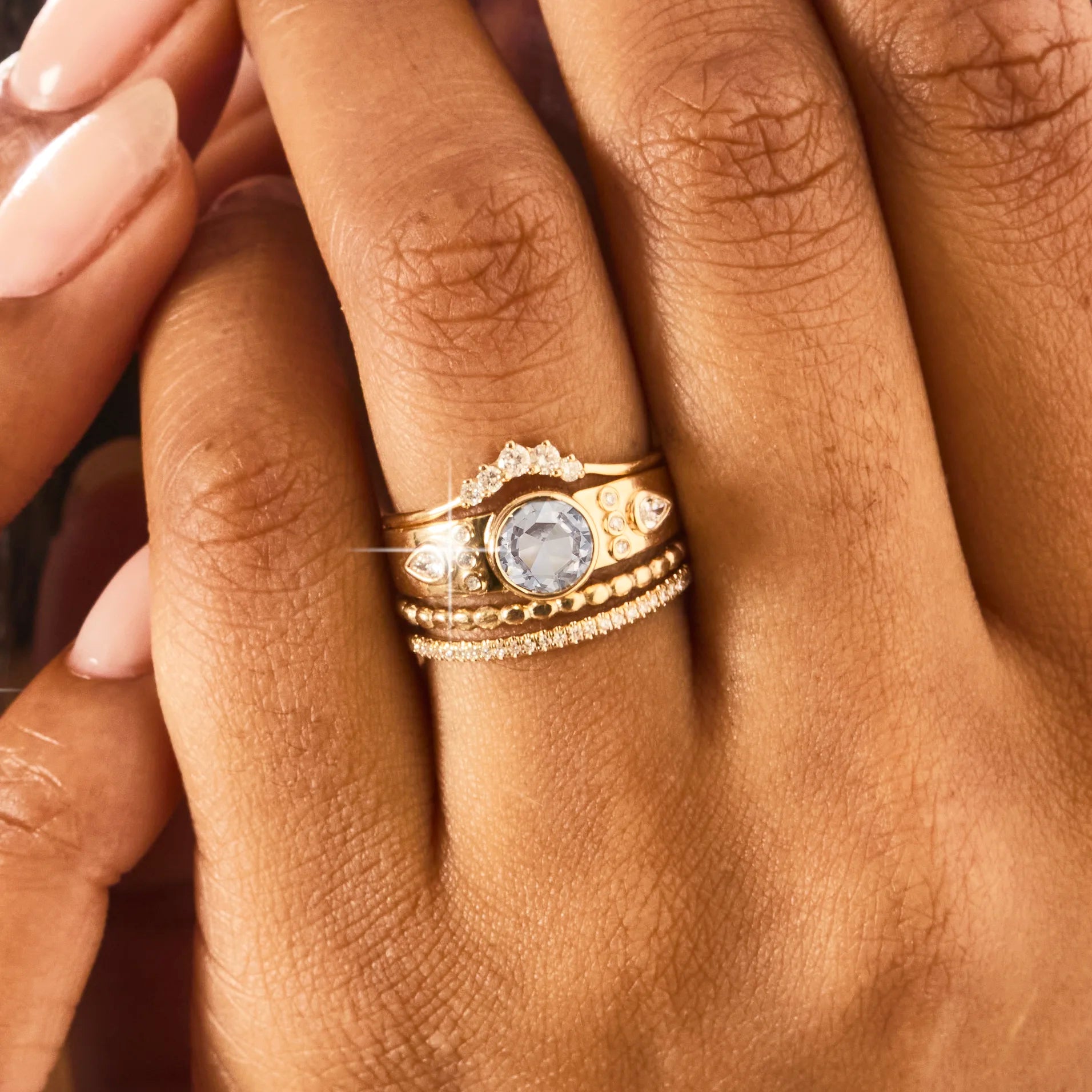 14K Yellow Gold Round Sapphire Forestlight Kiss One-of-a-Kind Ring – Elegant Jewelry for Weddings, Anniversaries & Special Occasions