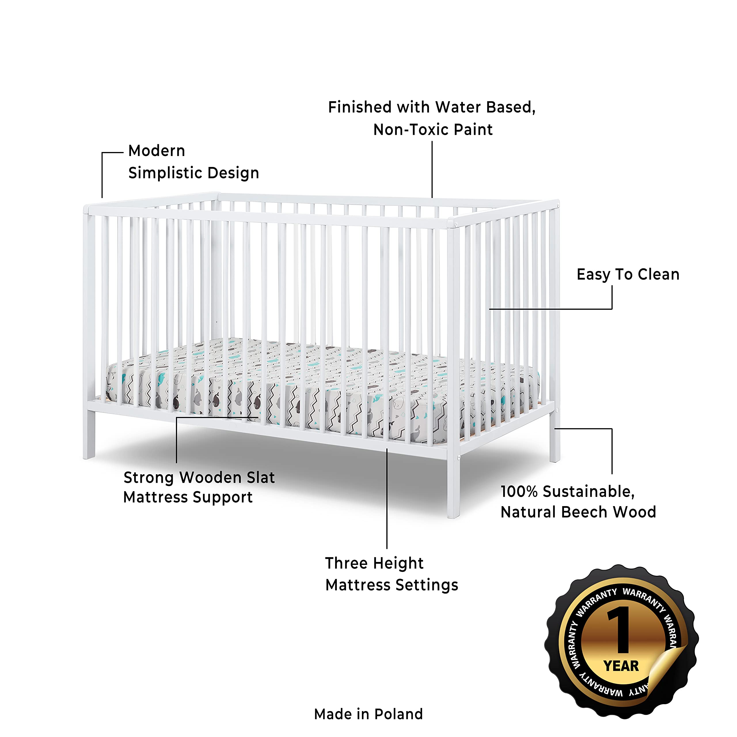 Sorelle Furniture Happy Crib 3-in-1 Convertible Crib - Sustainable Beech Wood Baby Bed, Toddler Bed & Daybed - Modern Nursery Furniture (White) | Perfect for Newborns, Infants & Growing Kids in Cozy Bedrooms