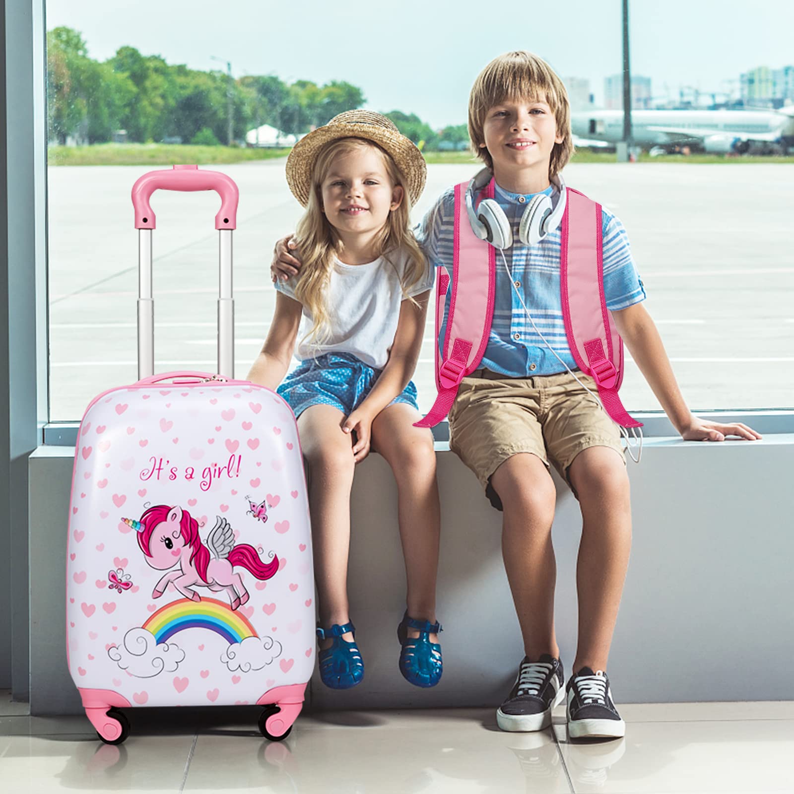 Olakids 12’’ Kids Travel Backpack & 16’’ Wheeled Carry-On Suitcase Set for Boys & Girls - 2-Piece Spinner Luggage with Wheels | Perfect for Airplane Trips, Family Vacations & School Travel (Unicorn Design)