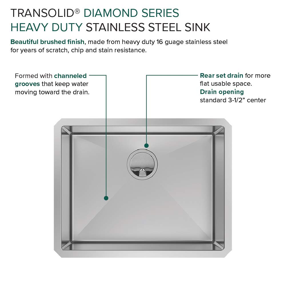 Transolid KKM-DUSB231810 23x18 Inch Stainless Steel Single Bowl Undermount Kitchen Sink with Accessories Kit - Durable & Stylish for Modern Kitchens, Easy Cleaning & Food Prep
