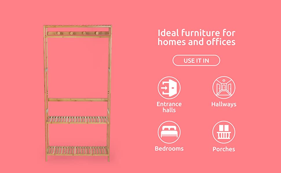 Bamboo Nara Multi-Functional Clothes Rack - Space Saving Wardrobe Organizer for Bedroom, Closet & Laundry Room - Perfect for Hanging Clothes, Towels & Accessories