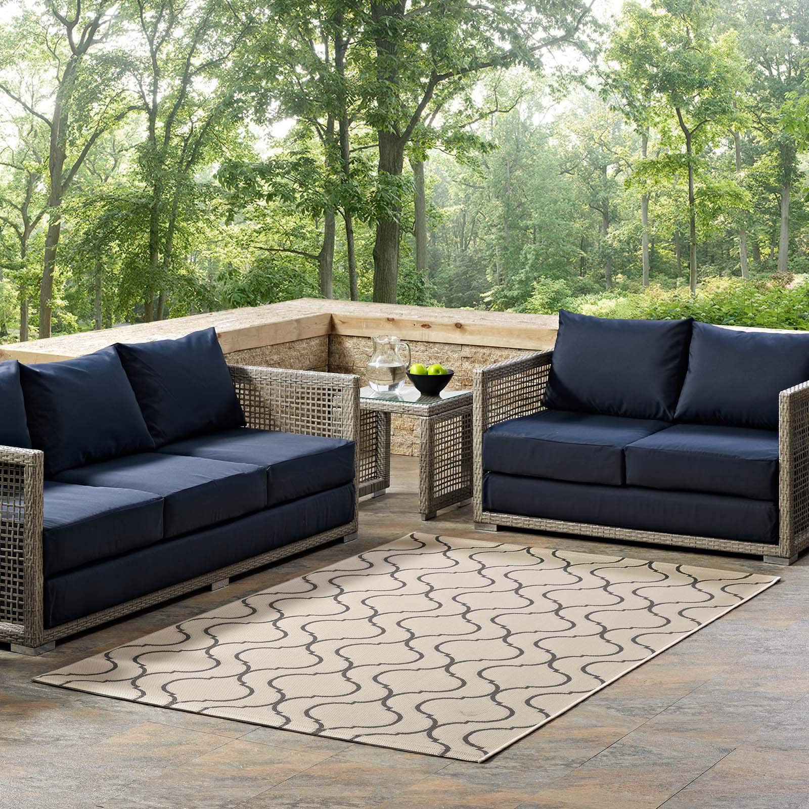 Modern Contemporary Living Lounge Indoor Outdoor Area Rug - Soft Fabric Floor Carpet in Multi Beige - Perfect for Living Room, Bedroom, Patio & Deck Decor