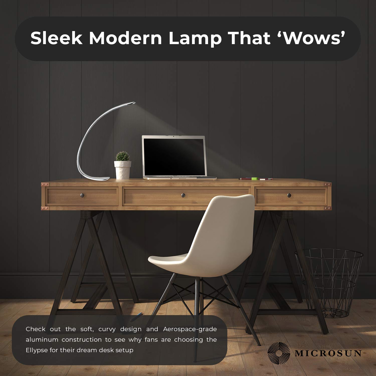 Ellypse LED Desk Lamp with Capacitive Touch - 4 Adjustable Light Levels, Dimmable, Aerospace Aluminum (Silver) - Perfect for Home Office, Study, Reading & Nightstand Use