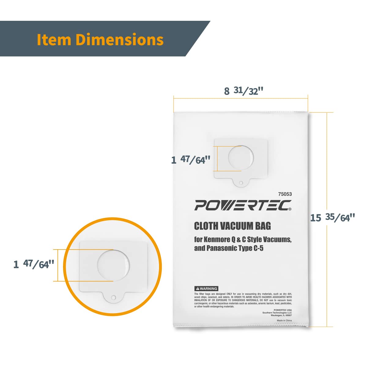 POWERTEC 5055, 50557, 50558 Vacuum Bags 6PK - Compatible with Kenmore 53291/53292, Panasonic Style C/Q, Type C-5/C-18/C-19 Models - Replacement Canister Vacuum Cleaner Bags (75053) - Ideal for Home Cleaning, Pet Hair Removal & Allergen Reduction