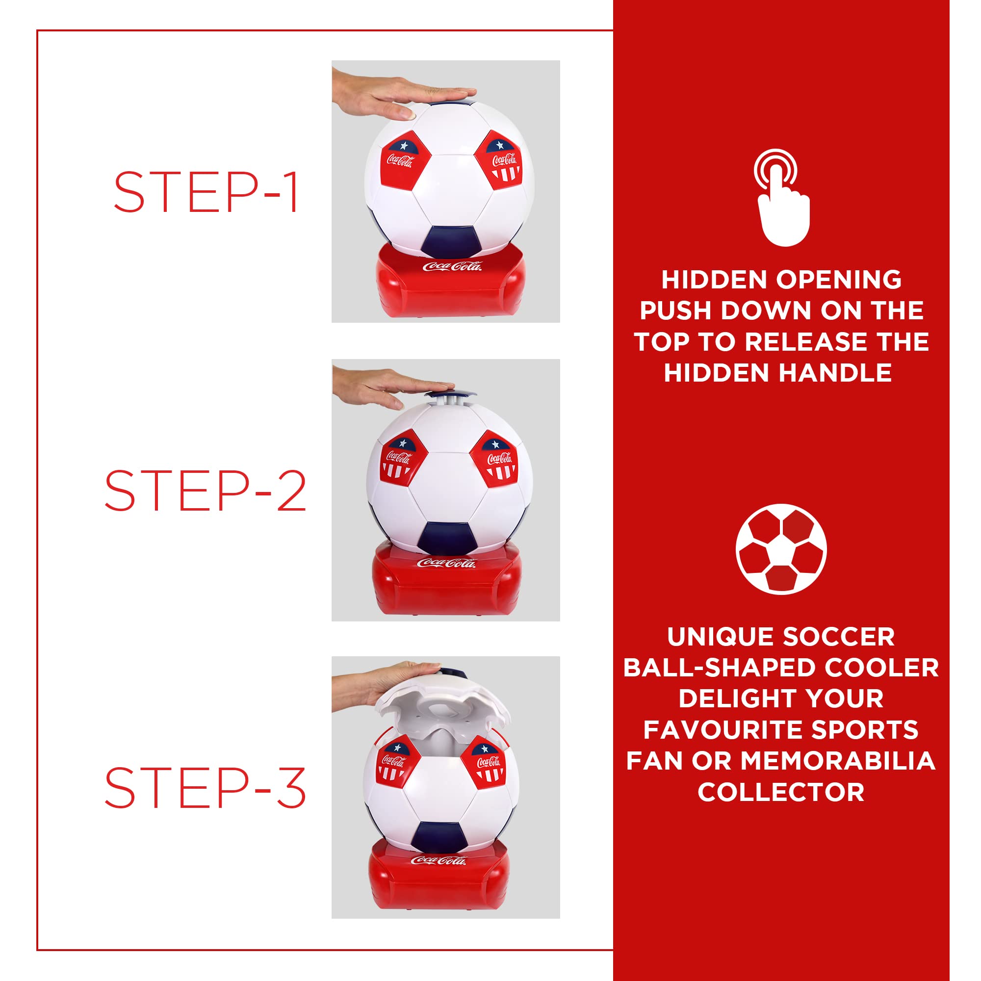 Coca-Cola Soccer Ball Mini Fridge - 5 Can Portable Beverage Cooler with Hidden Opening (White/Red/Black) | Perfect for Man Cave, Game Room, Dorm, Office & Sports Fan Gifts | Compact Fridge for Soda, Beer & Energy Drinks