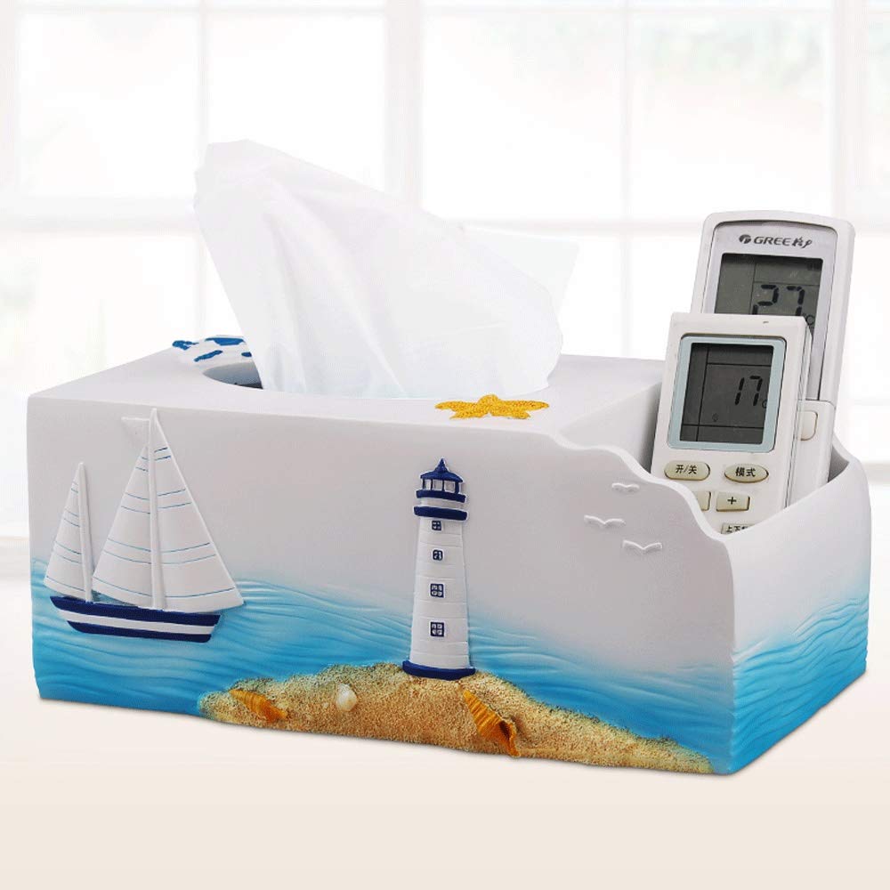 CYRUX Mediterranean Style Resin Tissue Box Cover - Decorative Sailboat & Lighthouse Relief Design with Storage Case, 9.84 Inch Elegant Tabletop Tissue Holder for Home & Office Decor | Perfect for Living Room, Bedroom, Bathroom and Gift Giving