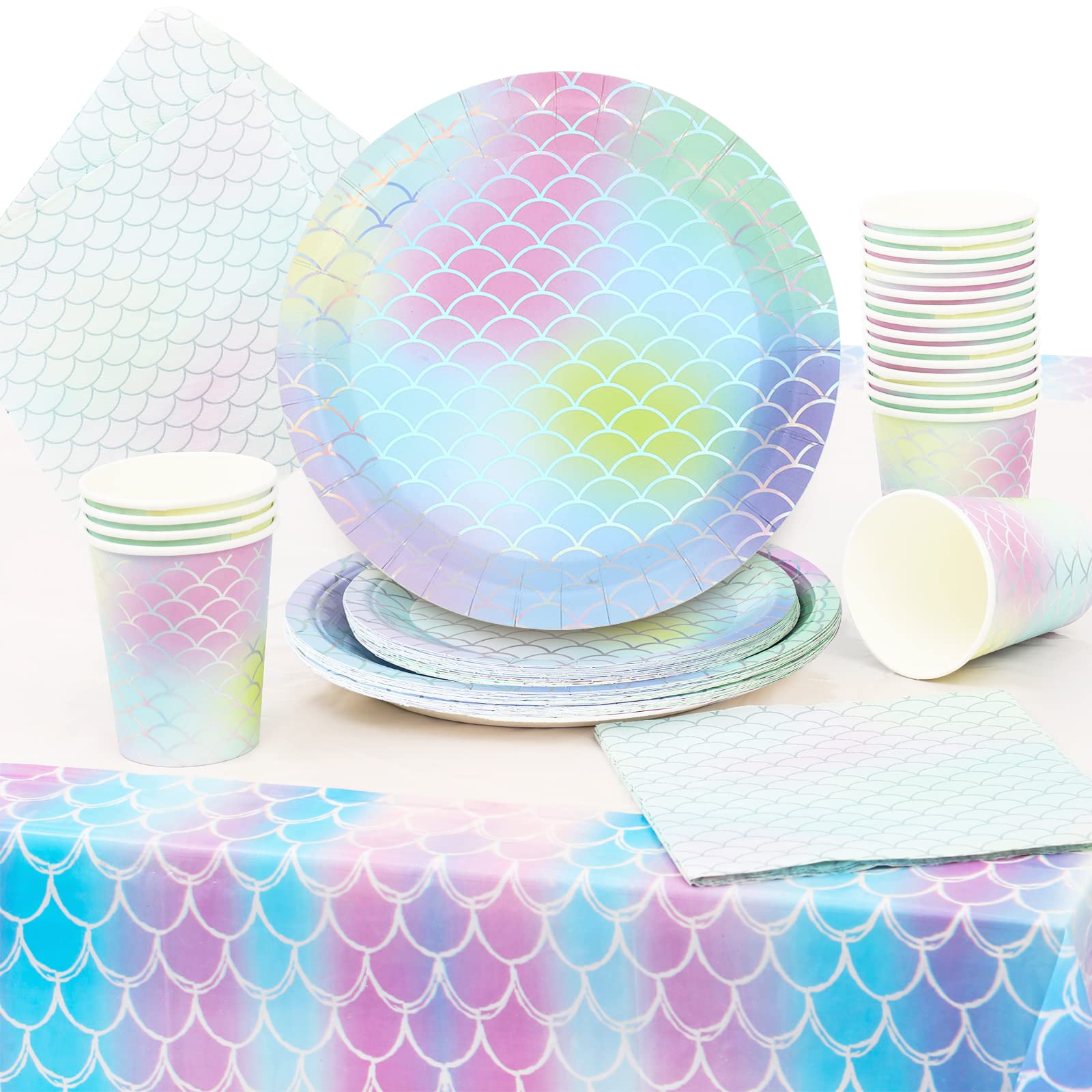 Mermaid Party Supplies Set - 24-Piece Birthday Decorations with Plates, Cups, Napkins & Tablecloth for Baby Showers, Boys/Girls Birthday, Ocean Theme Parties, Princess Bday (Ariel Purple Theme) - Perfect for Hawaii Beach Parties, Underwater Adventures & Mermaid-Themed Celebrations