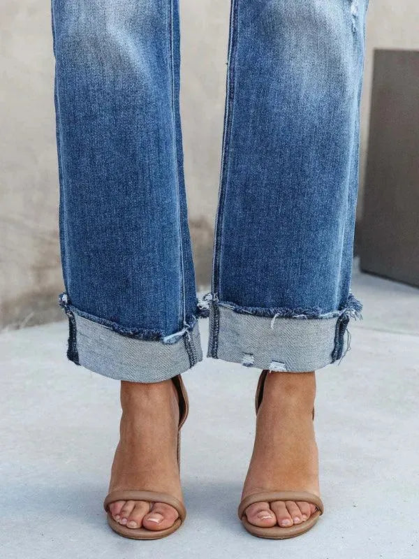 Women's High Waist Asymmetrical Flyer Jeans - Trendy Distressed Denim Pants for Casual Outfits & Streetwear Fashion