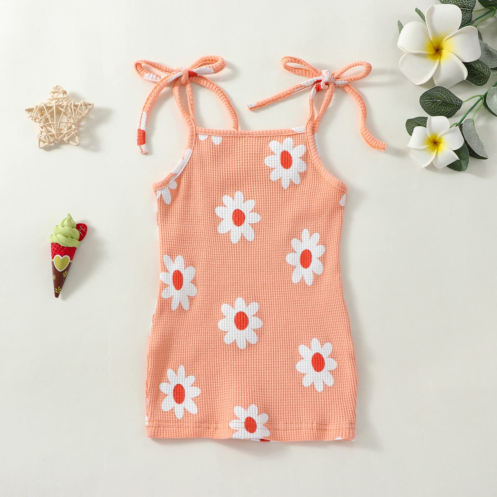 Toddler Baby Girls Daisy Print Sleeveless Strap Sundress - Waffle Knit Mini Dress for Beach, Summer & Playtime - Cute Floral Sling Dress for Toddlers