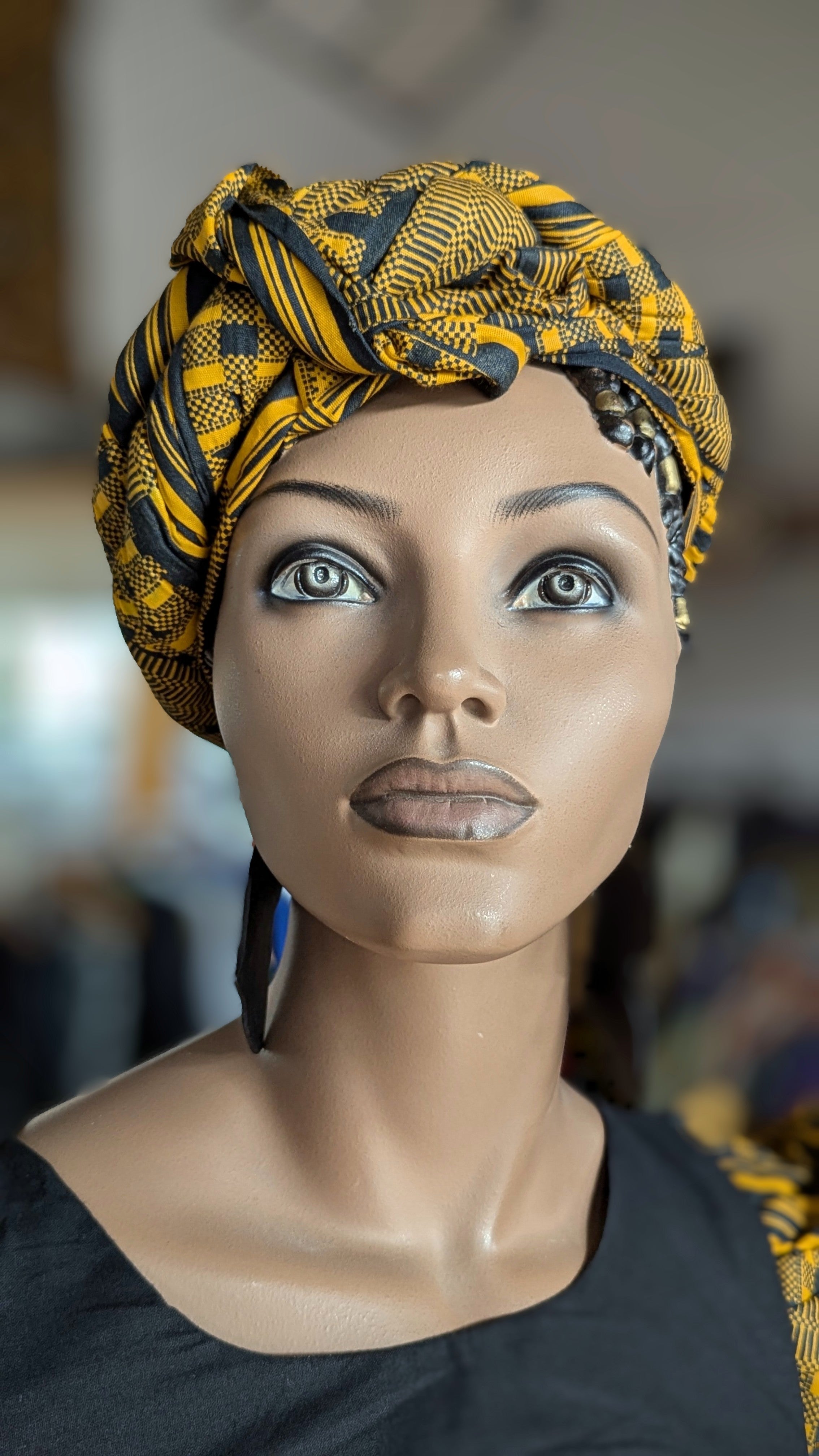 Stylish Zola Black & Gold Kente African Print Pre-Tied Head Wrap DP4091PT - Perfect for Cultural Events, Weddings & Everyday Fashion