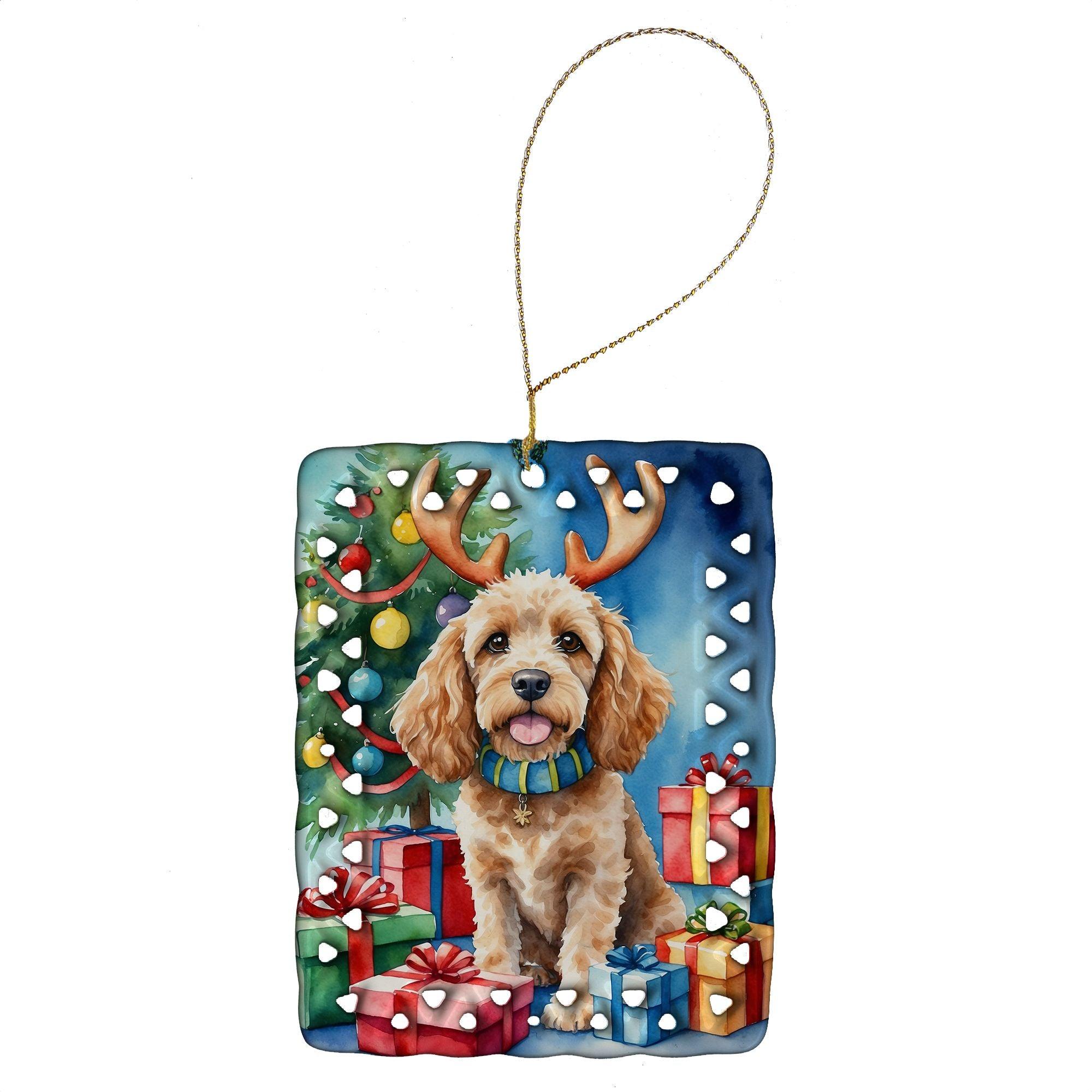 Cockapoo Christmas Reindeer Porcelain Ornament - Handcrafted Holiday Tree Hanging Decor for Home, Festive Rectangle Gift in Multicolor | Perfect for Christmas Tree Decorating, Holiday Party Favors & Cozy Home Décor