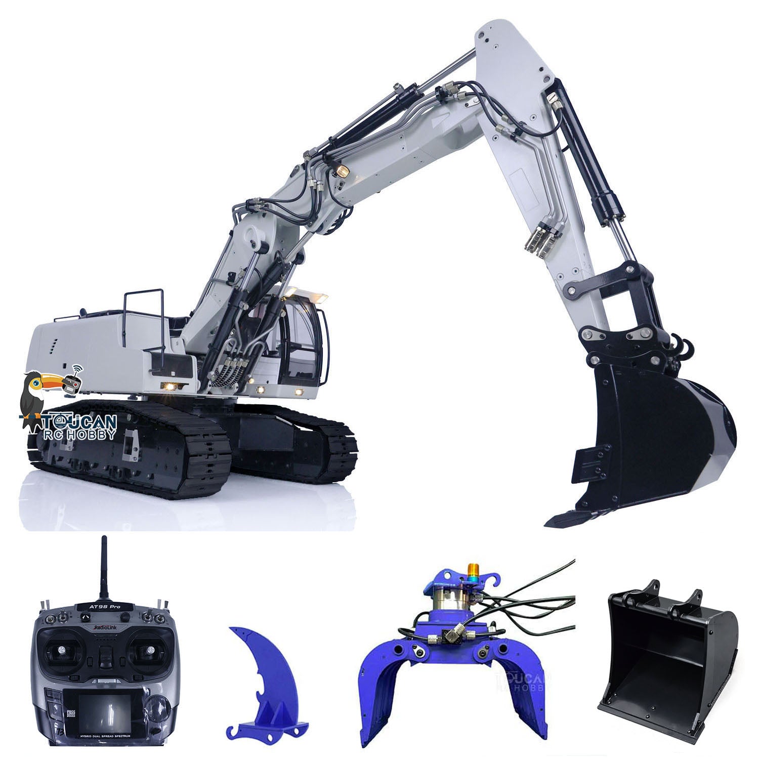 MTM 1/14 Scale 946 RC Hydraulic Excavator Toy - 3 Arms Metal Construction Model with Ripper & Grab Bucket | Remote Control Tracked Digger for Kids & Adults | Construction Site Play, Collectible Display, STEM Learning Toy