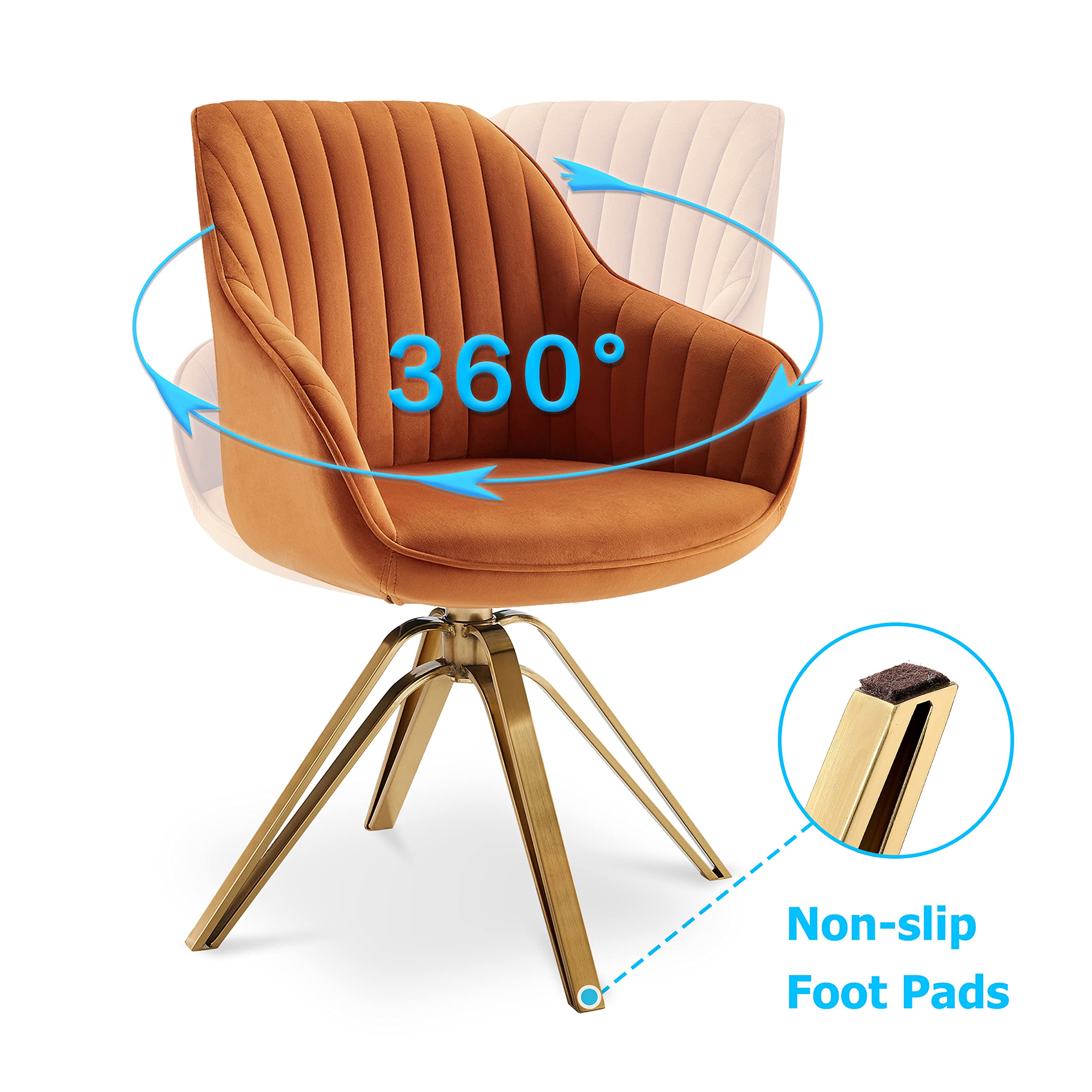 Volans Mid Century Modern Swivel Accent Chair - Hollow Brushed Gold Plated Legs, Office Desk Chair for Living Room, Dining Room & Small Spaces - Cinnamon Brown - Perfect for Home Office, Reading Nook & Lounge Areas