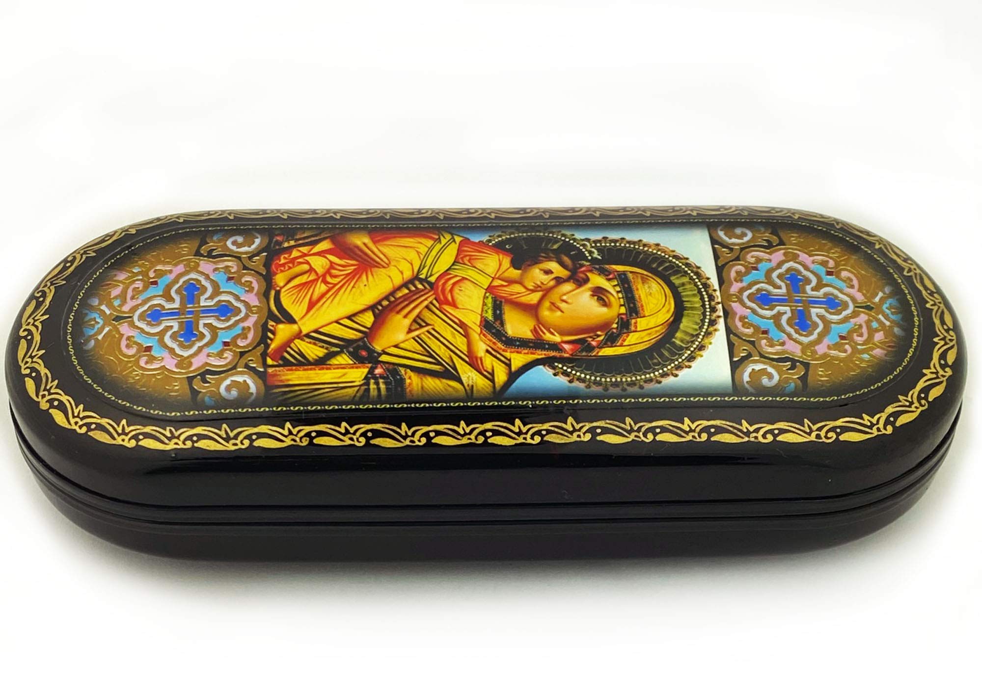 Needzo Virgin Mary Icon Hard Eyeglass Case - Russian Orthodox Vladimir Virgin Lacquered Box for Glasses Protection | Perfect for Travel, Church, and Home Storage