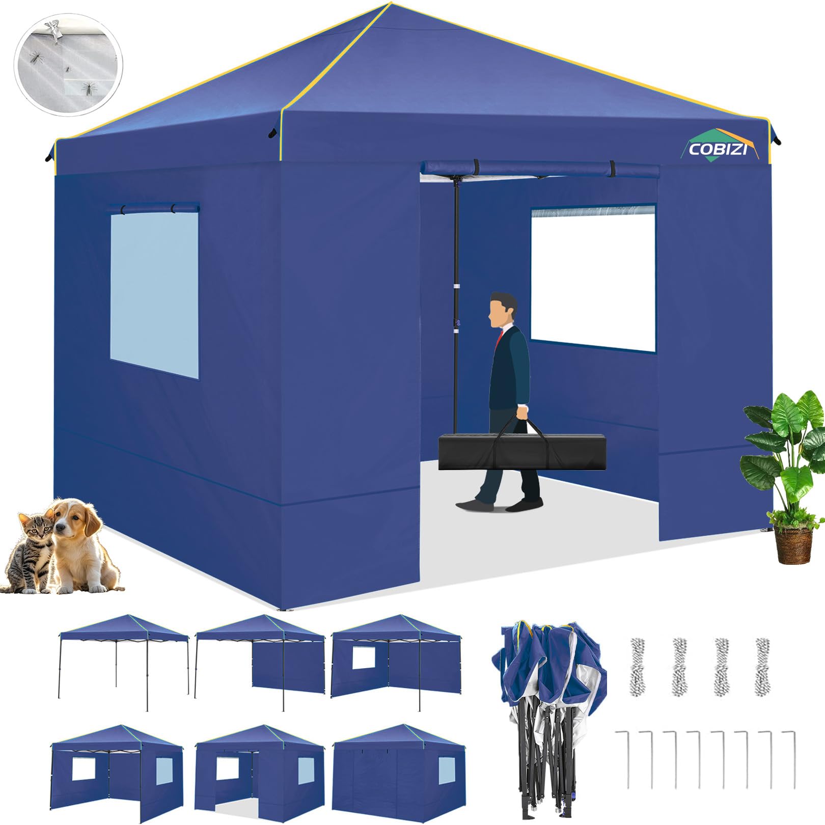 COBIZI 10x10 Pop Up Canopy Tent with 4 Removable Sidewalls 2.0 - Waterproof Instant Gazebo for Outdoor Events, Parties, Exhibitions & Picnics - Includes Carry Bag, 4 Stakes & Ropes (Deep Blue) - Perfect for Backyard BBQs, Farmers Markets, Beach Outings & Camping
