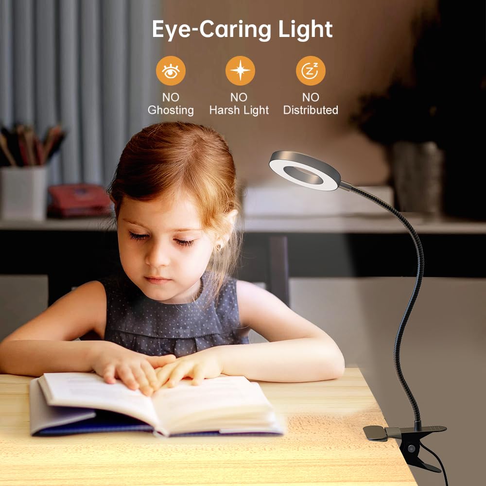 KEXIN Clip on Table Lamp - 3 Color Modes, 10 Brightness Levels, Dimmable Eye-Caring Reading Light with 360° Rotatable Metal Gooseneck - Portable Small Desk Lamp for Home, Office, Study, and Nightstand Use
