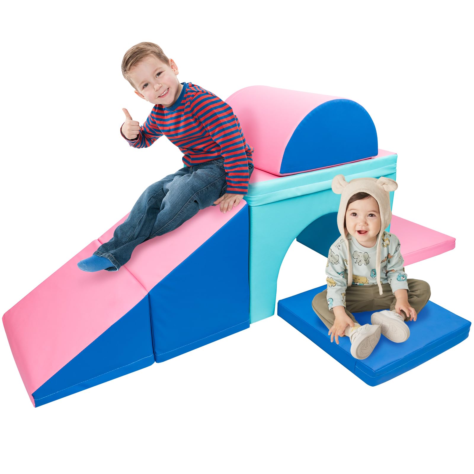 Glaf Soft Foam Climbing Blocks Set for Toddlers 1-3 Years - Indoor/Outdoor Play Gym with Tunnel & Slide - Safe Toddler Climbing Toys for Crawling & Playtime (Pink/Blue) - Perfect for Daycare, Playroom & Backyard Fun