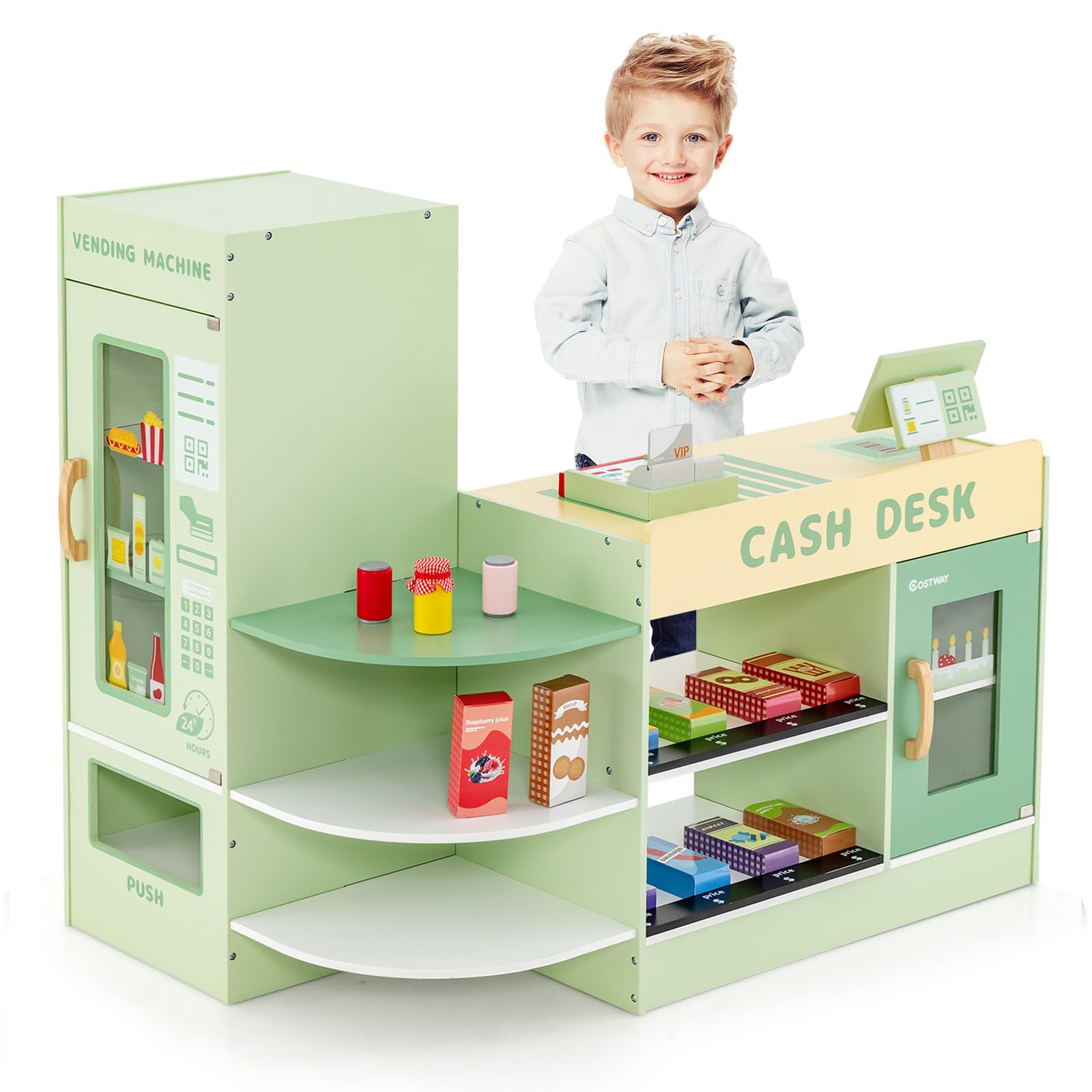 Nightcore Wooden Supermarket Playset for Kids - 13-Piece Pretend Play Grocery Store with Cash Register, Vending Machine & Chalkboard - Educational Toy for Boys & Girls - Perfect for Role Play, Birthday Gifts & Classroom Learning Activities