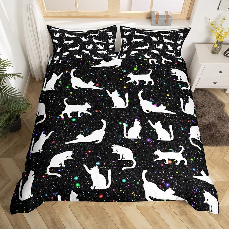 King Size Cat Duvet Cover Set - Romantic Watercolor Galaxy Starry Sky Bedding with Cute Animal Print for Kids & Teens - Black & White Comforter Cover for Boys & Girls Bedroom Decor - Perfect for Cozy Nights & Space-Themed Room Design