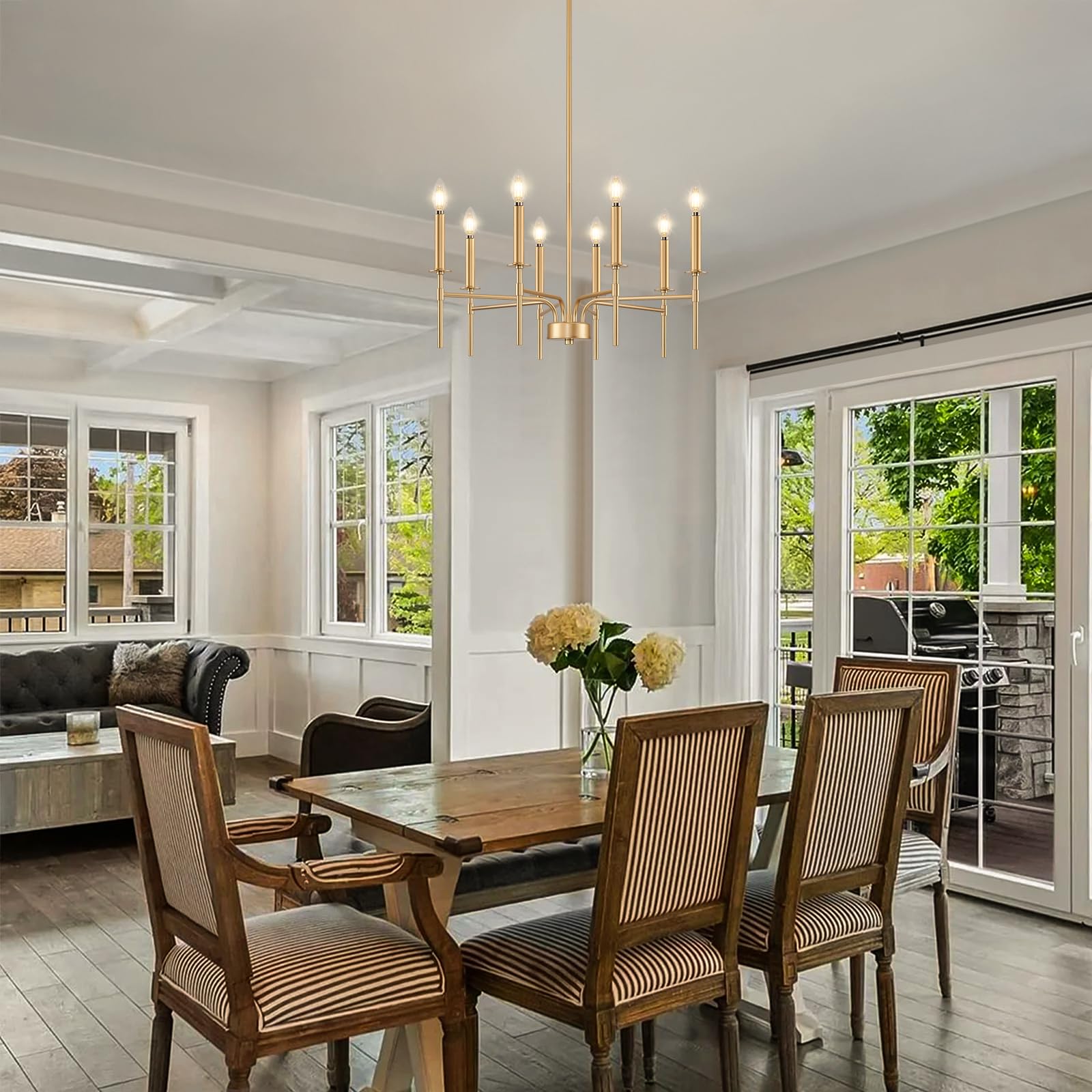 8-Light Gold Chandelier - Modern Farmhouse Dining Room Lighting Fixture with Metal Candle Pendant Design for Foyer, Entryway, Stairs, Living Room, Bedroom & Kitchen | Perfect for Rustic Home Decor & Dinner Party Ambiance