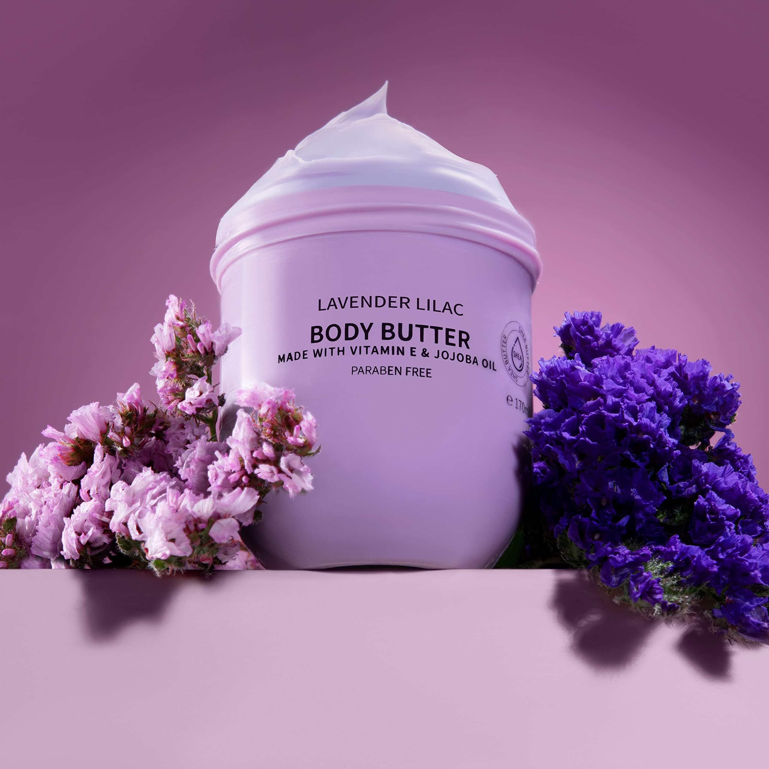 Lavender Lilac Body Butter - Shea Cream with Jojoba Oil & Vitamin E - Hydrating Natural Moisturizer for Dry Hands, Feet & Elbows - 5.74 Fl Oz - Perfect for Daily Skincare Routine & Spa Night Self-Care