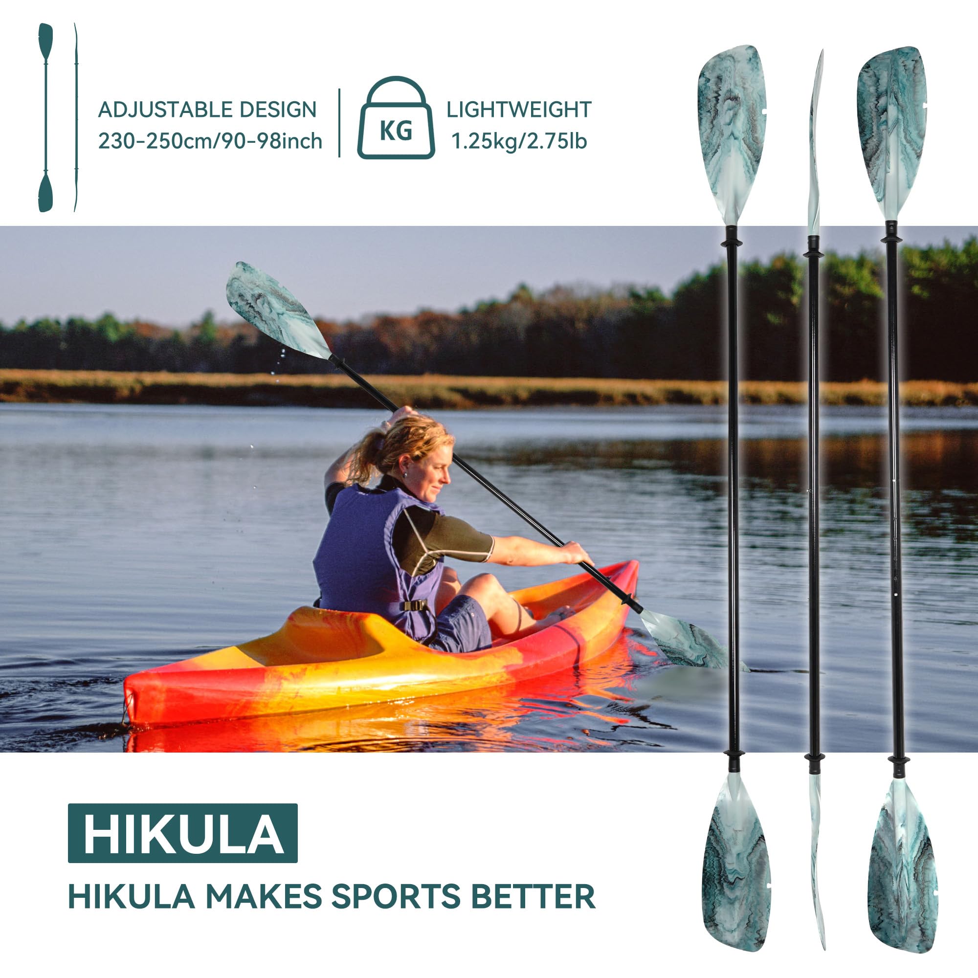 Premium Fiberglass Kayak Paddles with PP Blades - Lightweight Adjustable 3-Piece Canoe Oars (230-250cm/90-98in) for Kayaking, Boating & Water Sports | Ideal for Touring, Fishing & Recreational Paddling