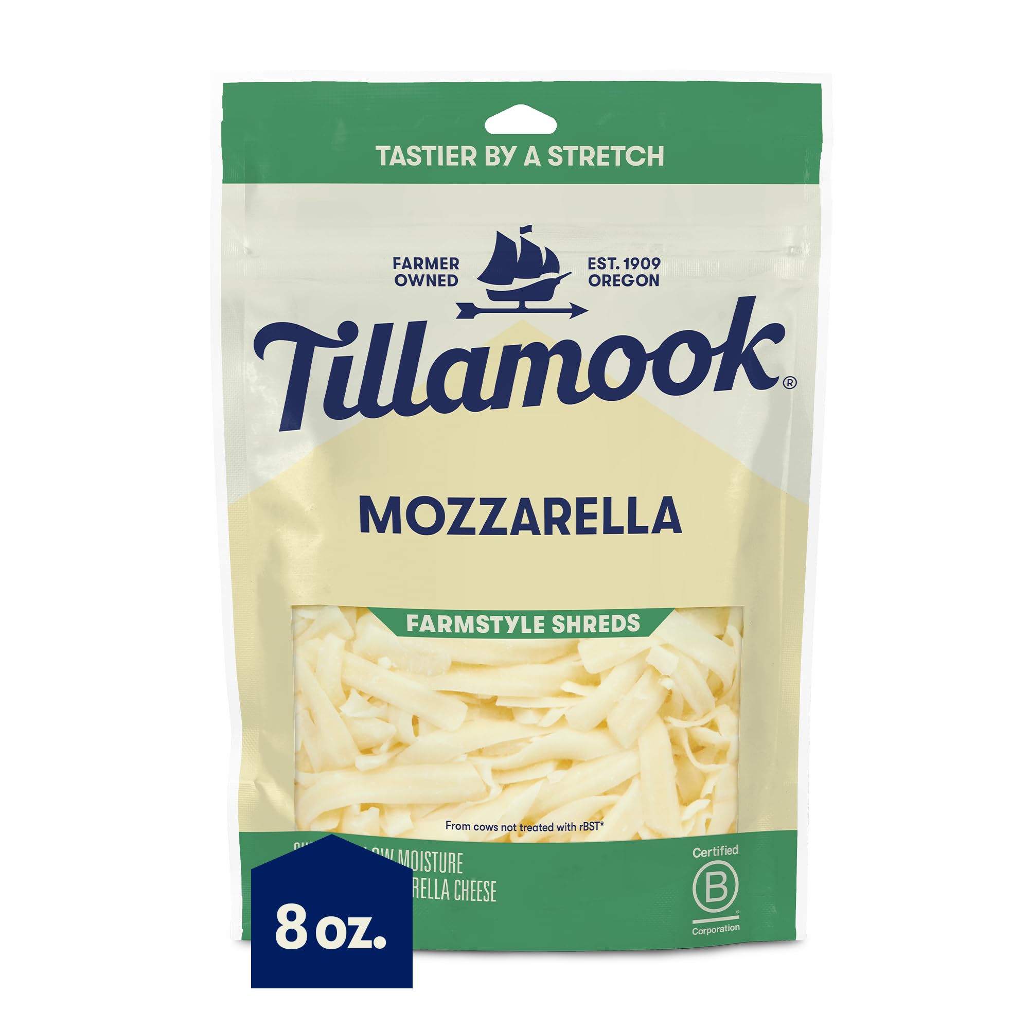 Tillamook Mozzarella Shredded Cheese 8 oz - Fresh Italian Style Cheese for Pizza, Pasta & Salads - Resealable Bag (Packaging May Vary)