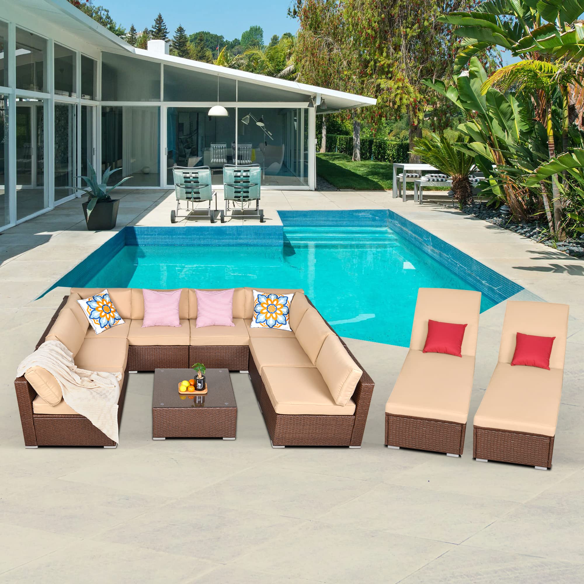 11-Piece All-Weather Wicker Patio Furniture Set with Chaise Lounge Chairs & Coffee Table - Beige Outdoor Sectional Sofa Conversation Set for Backyard, Poolside & Garden Relaxation