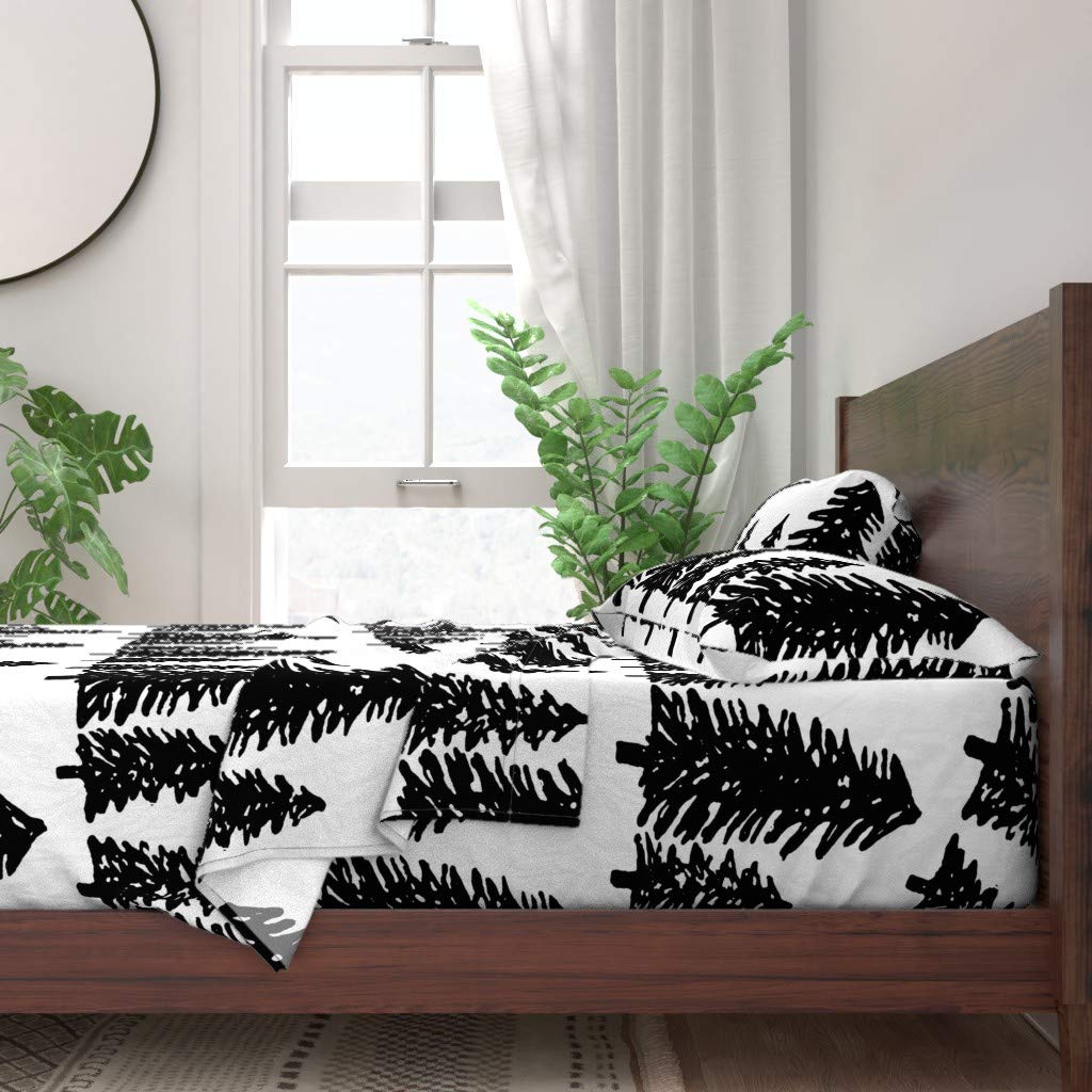 Woodland Pine Trees Forest Print 100% Cotton Twin Sheet Set (3-Piece) - Black & White Minimalist Christmas Bedding for Modern Home Decor | Perfect for Holiday Guest Rooms & Cozy Winter Nights