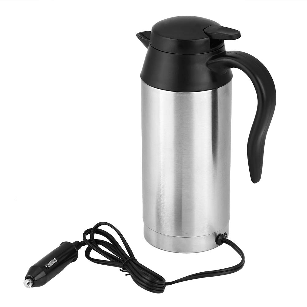 Tbest 750ml 12V Electric Water Kettle - Stainless Steel Car Travel Kettle with Cigarette Lighter Heating for Coffee & Tea - Silver & Black Portable Thermos - Perfect for Road Trips, Camping & Office Use