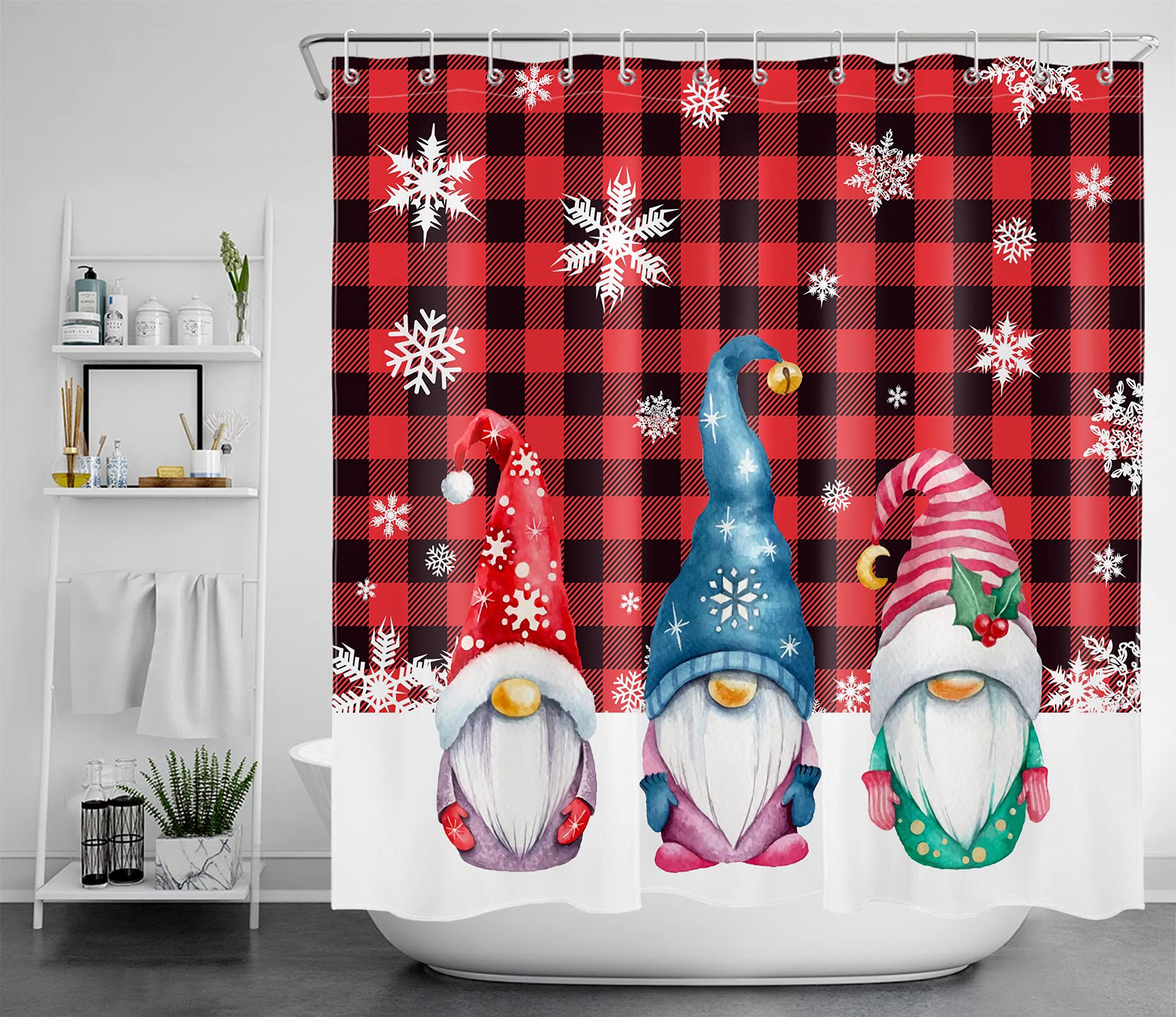 HVEST Christmas Shower Curtain - Waterproof Polyester Bathroom Decor with Gnome & Snowflake Checkered Design (72x72 Inches) - Perfect for Holiday Bathroom Makeover, Winter Home Decor & Festive Gift Idea